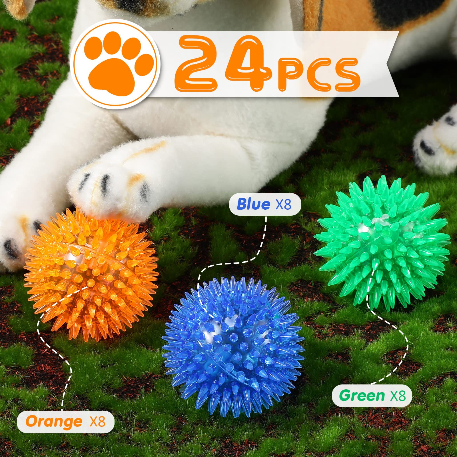 24 Pack Squeaky Dog Toys - 2.56 Inch Spiky Chew Balls for Small & Medium Dogs - TPR Puppy Fetch Toys for Aggressive Chewers - Clean Teeth & Training - Blue, Green & Orange - Perfect for Indoor Play, Outdoor Fetch & Dental Health