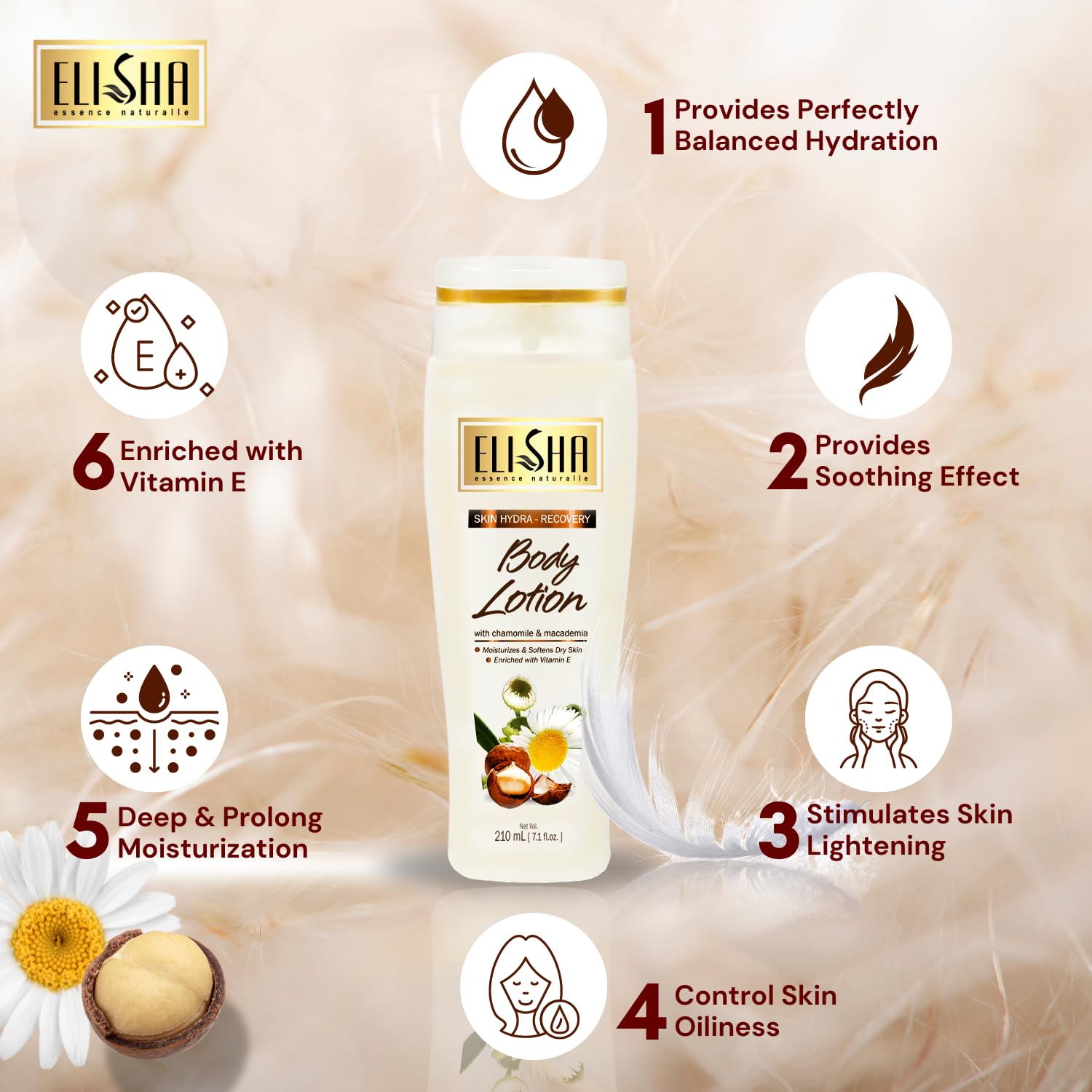 Elisha Chamomile & Macadamia Body Lotion - Healthy Brightening Daily Moisturizer with Sun & Pollution Protection for Dry Skin - Fast Absorbing, Non-Sticky Formula for Men & Women - 210ml (Pack of 2) - Perfect for Post-Shower Hydration & Daily Skincare Routine