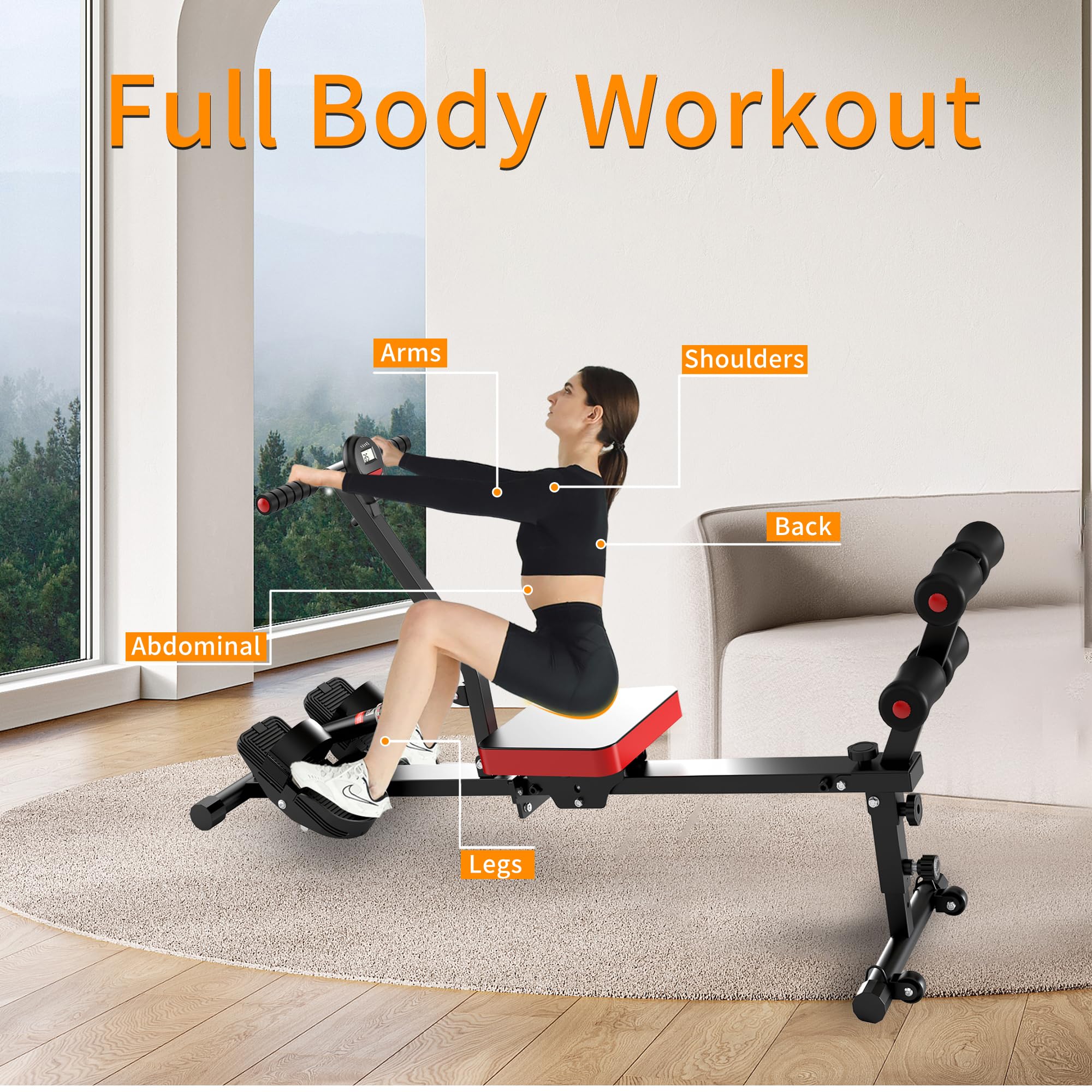 **Magnetic Rowing Machine for Home Workout - Adjustable 8-Speed Resistance, Supports 265 LBS - Fat Burning & Muscle Sculpting - Phone/Tablet Holder - Perfect for Cardio & Strength Training**