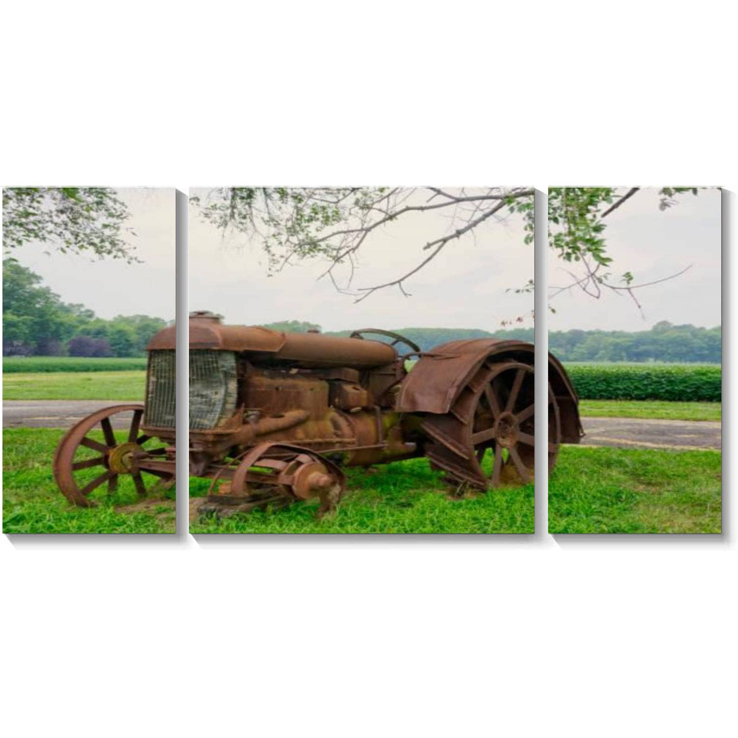 Vintage Farm Tractor Canvas Wall Art - 3 Panel Antique Southern Indiana Landscape Painting, Stretched & Framed Ready to Hang Home Decor for Living Room, Bedroom, Office | Perfect for Farmhouse, Rustic & Country Style Interior Design