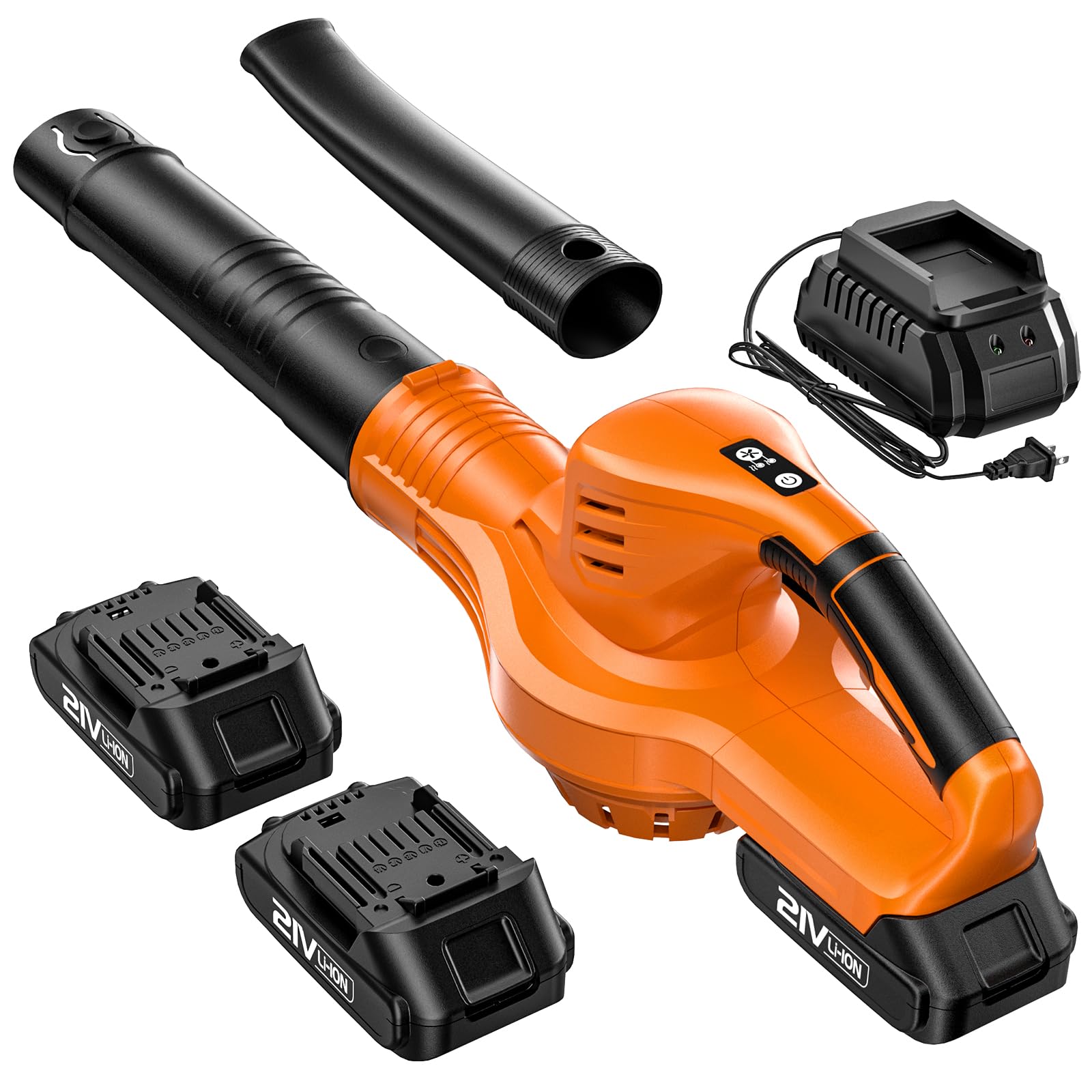 21V Cordless Leaf Blower with 2 Batteries & Charger - Lightweight Electric Leaf Blower for Lawn Care, Patio, Driveway - Perfect for Blowing Leaves, Dust, Snow & Debris - Ideal for Yard Cleaning & Outdoor Maintenance (Orange)