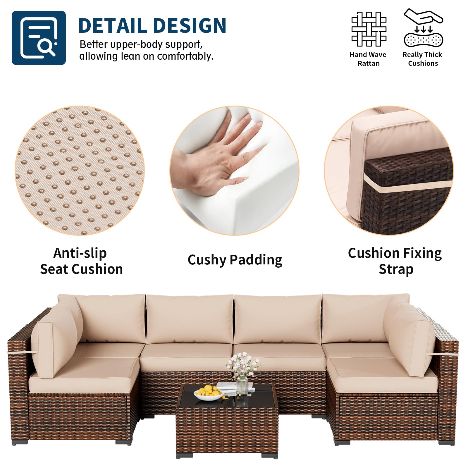 UDPATIO 7-Piece Modular Rattan Outdoor Patio Sectional Sofa Set with Side Table - Brown/Khaki Wicker Furniture for Backyard, Deck & Garden (Includes Sofa Cover) | Perfect for Outdoor Entertaining, Lounging & Relaxation