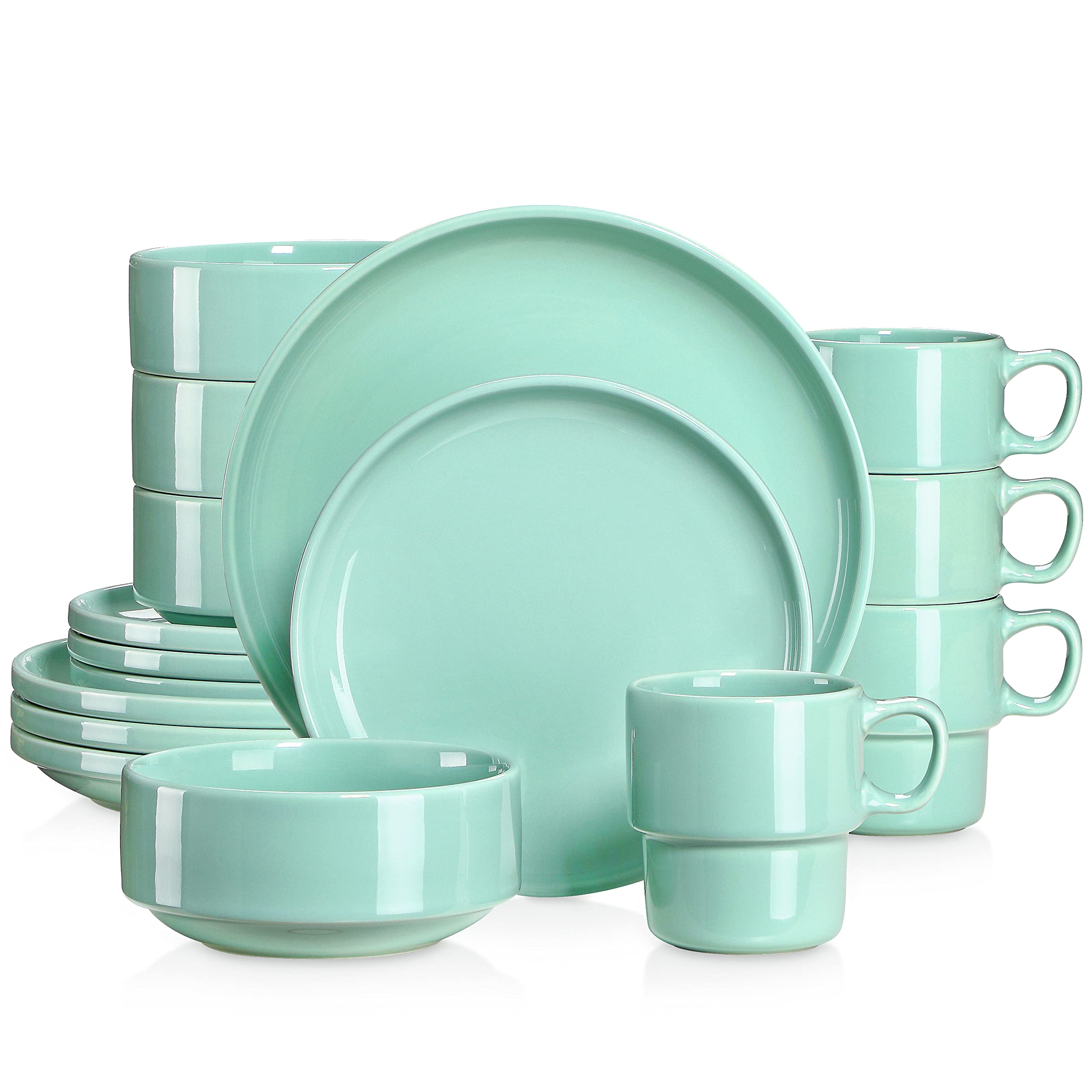 16-Piece Porcelain Dinnerware Set for 4 - Ceramic Plates, Bowls & Mugs - Dishwasher & Microwave Safe - Light Green - Perfect for Family Dinners, Entertaining Guests & Everyday Use