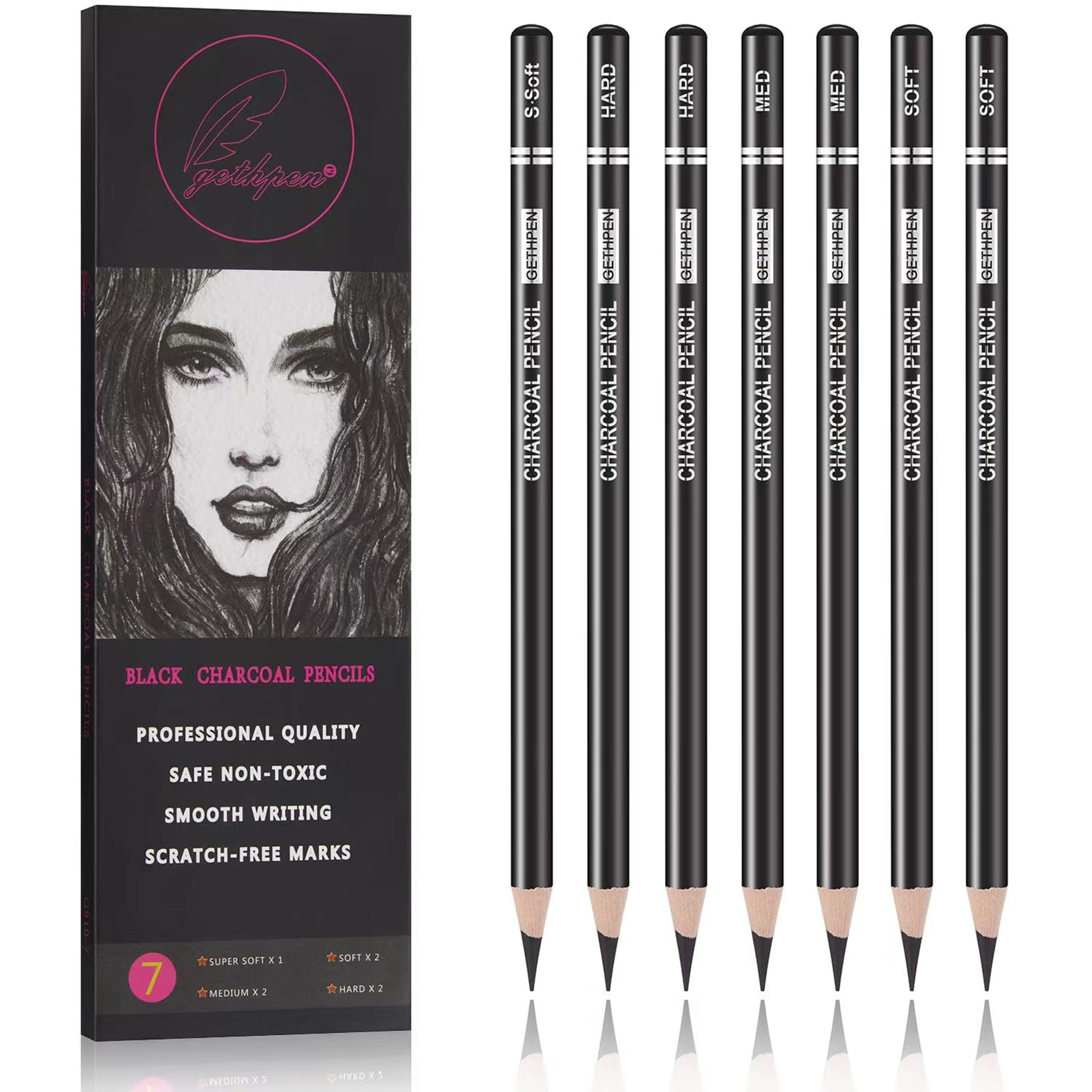 Professional Charcoal Pencils Set - 7 Pieces Soft, Medium & Hard Drawing Pencils for Sketching, Shading & Artwork - Perfect for Artists, Students & Beginners (Ideal for Portraits, Landscapes & Still Life Drawings)