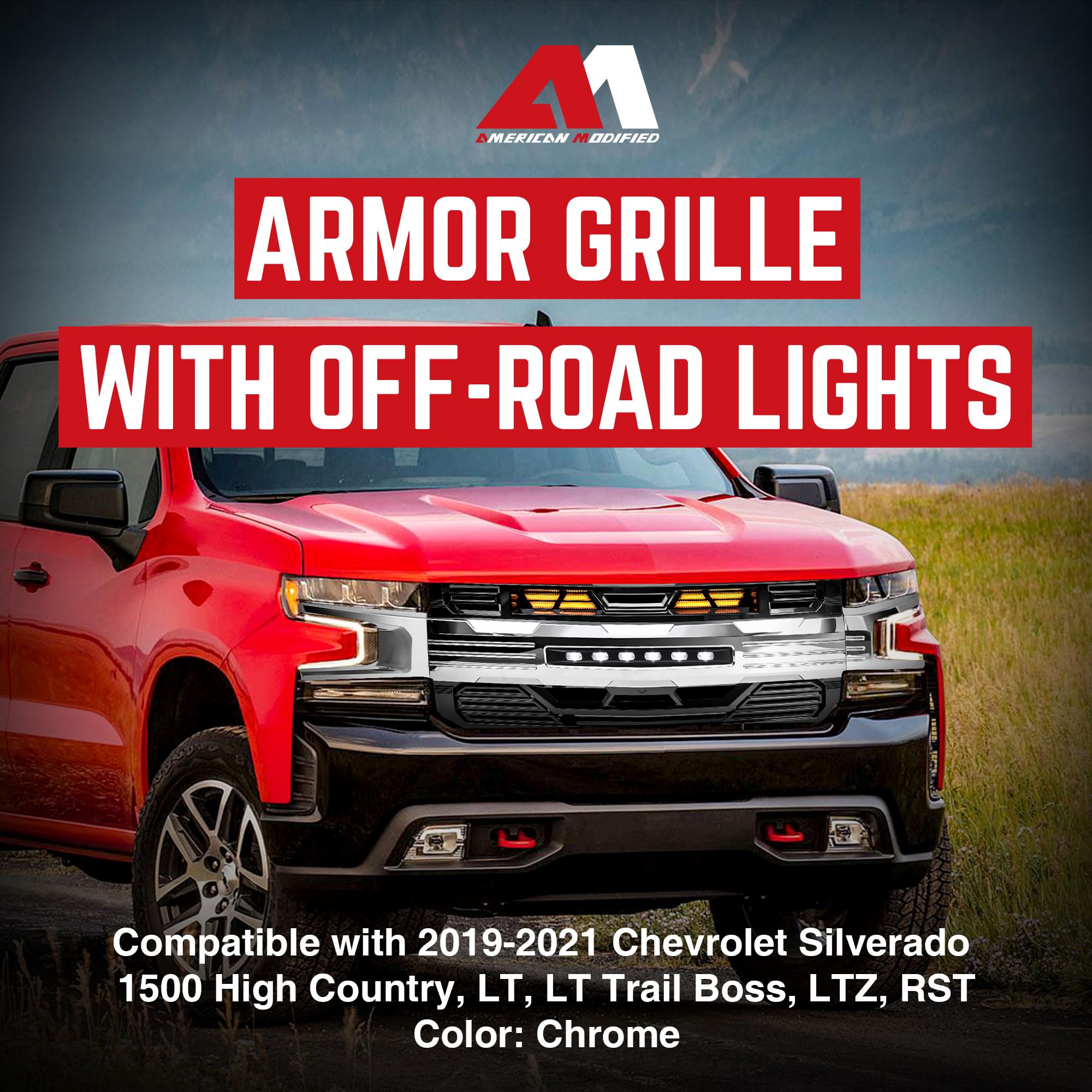 2019-2021 Chevy Silverado 1500 LED Light Chrome Armor Grille | Heavy Duty Front Bumper Protection | Off-Road & Street Style Upgrade
