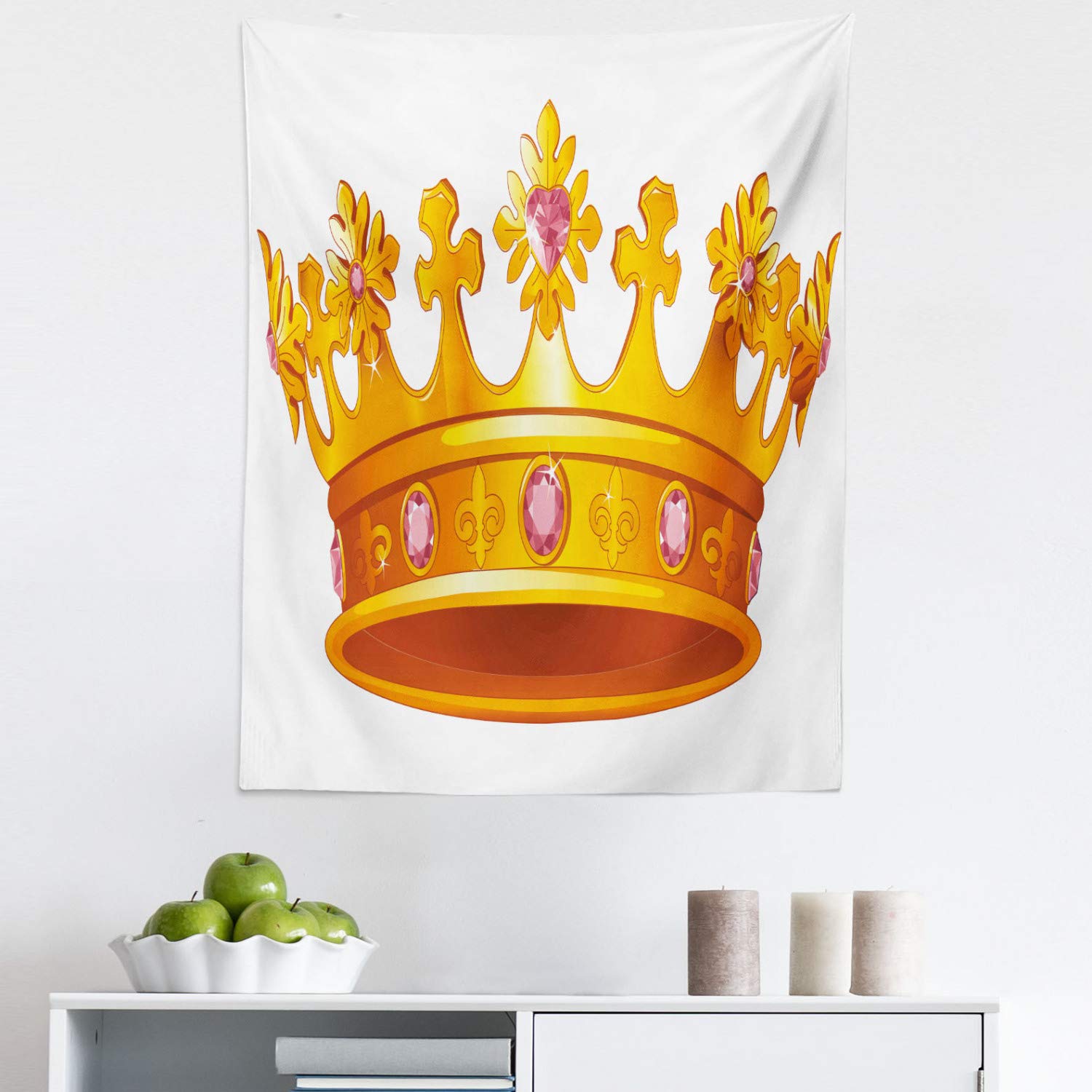 Ambesonne Queen Tapestry Wall Art - Vintage Crown with Pale Pink Gemstone Antique Tiara Nobility Cartoon Design, 23
