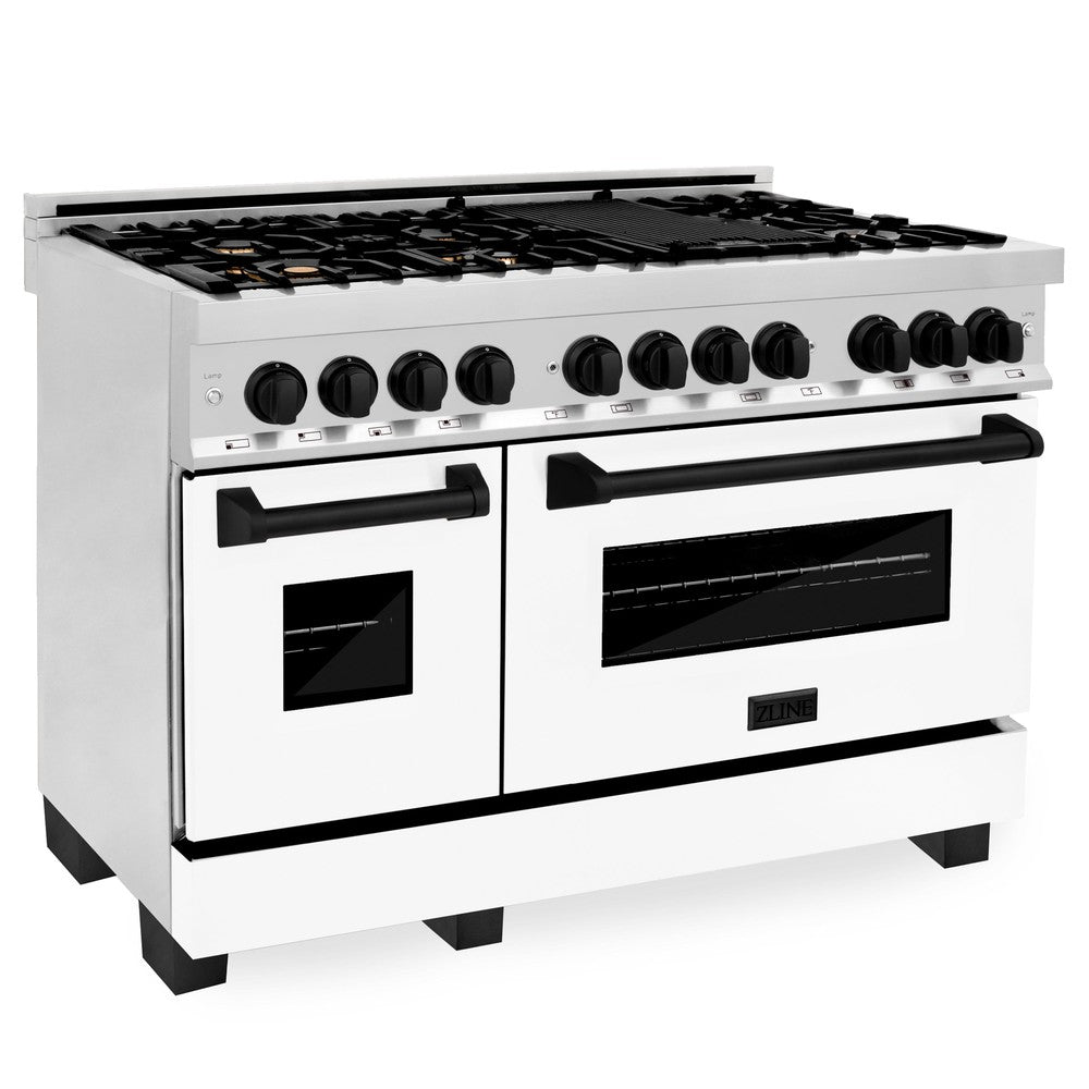 ZLINE Autograph Edition 48-inch Stainless Steel Dual Fuel Range with White Matte Door, Range Hood & Dishwasher - Matte Black Accents (3AKP RAWMRHDWM48 MB) | Professional Kitchen Package for Home Chefs & Modern Culinary Enthusiasts