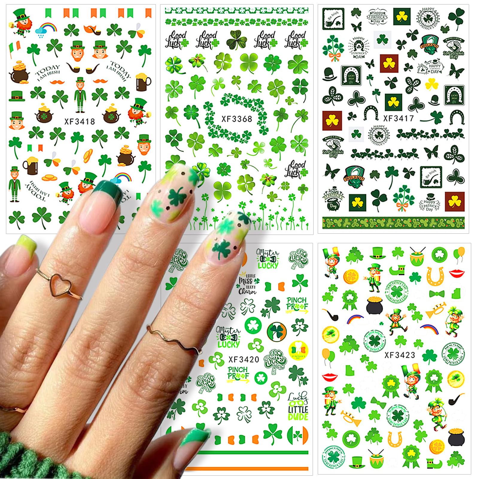St. Patrick's Day Nail Stickers - 3D Self-Adhesive Shamrock Nail Decals for Women, Green Irish Luck Nail Art Designs (10 Sheets) | Perfect for St. Paddy's Day Parties, Nail Salons & Festive Holiday Manicures