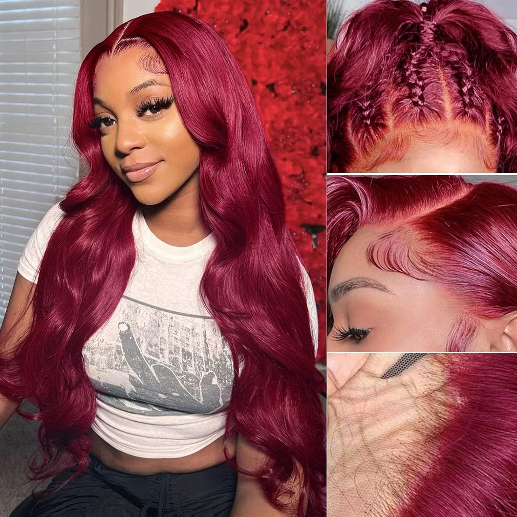 CHEETAHBEAUTY 99j Burgundy 28Inch Lace Front Wig - 13x6 Brazilian Virgin Straight Human Hair Wig for Women (220% Density, Pre-Plucked with Baby Hair) | Perfect for Cosplay, Daily Wear & Special Occasions