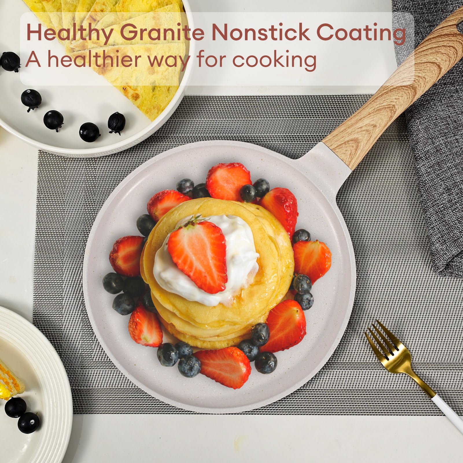 JEETEE 11-Inch Nonstick Crepe Pan - Granite Coating Griddle for Tortillas, Pancakes & Dosas - PFOA-Free, Induction Compatible Stovetop Cookware (Beige) | Perfect for Breakfast, Mexican Cuisine & Indian Cooking