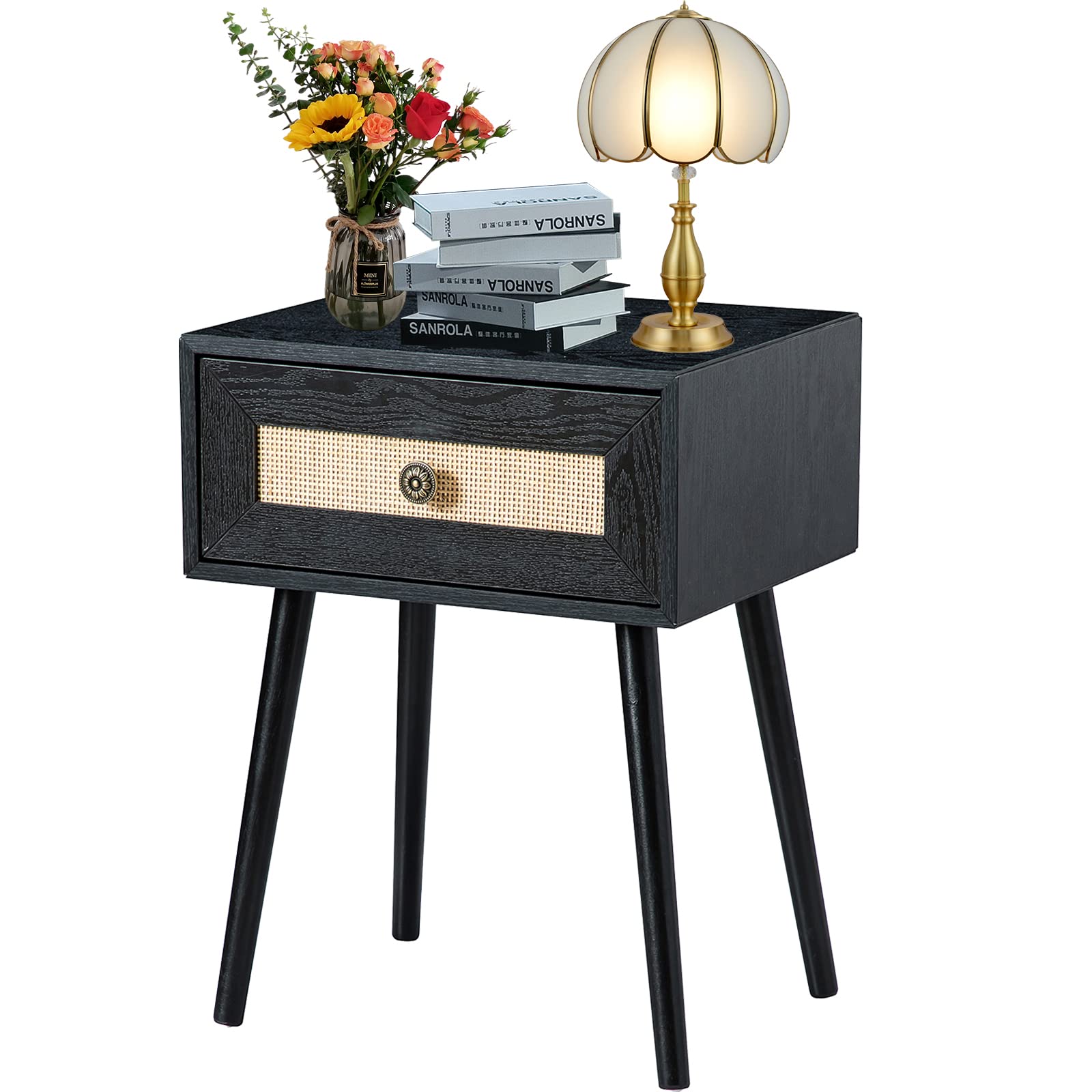 Mid Century Modern Nightstand with Drawer & Solid Wood Legs - Rattan Woven Pattern End Table for Bedroom, Living Room & Office - Rustic Black Nightstand with Storage Space - Perfect for Small Spaces & Home Decor
