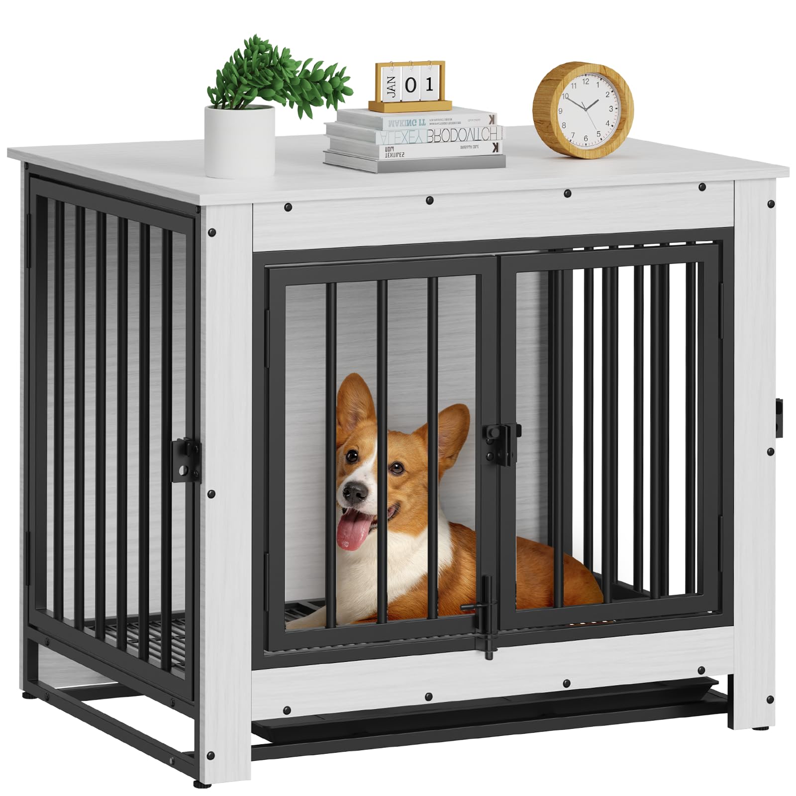 Modern Wooden Dog Crate End Table - Furniture Style Kennel for Small & Medium Dogs | Indoor Pet Cage with Removable Tray & Double Doors | White | Perfect for Living Room, Bedroom & Home Decor