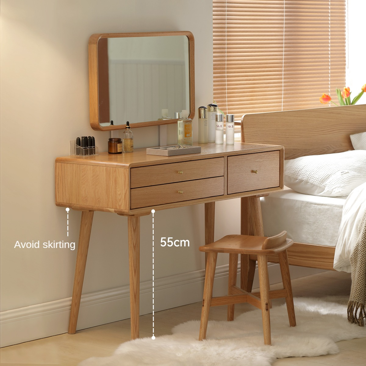 Stylish Oak Solid Wood Modern Dressing Table with Large Mirror - Perfect for Bedroom Vanity, Makeup Station & Home Decor