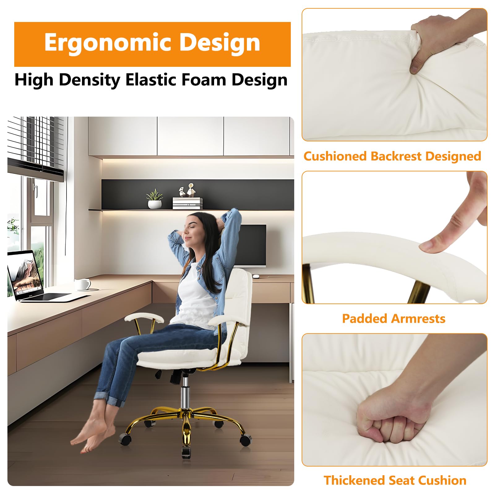 Ergonomic Office Desk Chair with Wheels & Adjustable Arms - Faux Leather Computer Chair for Home, Bedroom & Office - White Chair with Gold Casters (300lb Weight Capacity) - Perfect for Long Work Hours, Gaming & Study Sessions