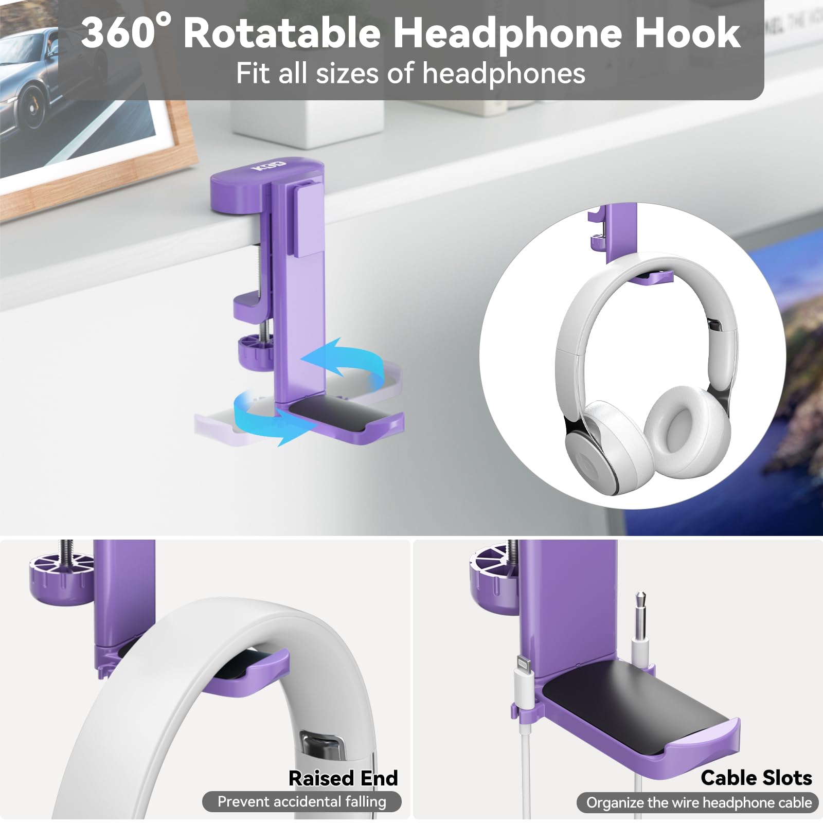 2 in 1 Rotatable Under Desk Headphone Hanger & Cup Holder - Space Saving Desk Clamp Mount for Headset and Coffee/Water Mugs - Perfect for Gaming, Office & Home Workspace (Purple)