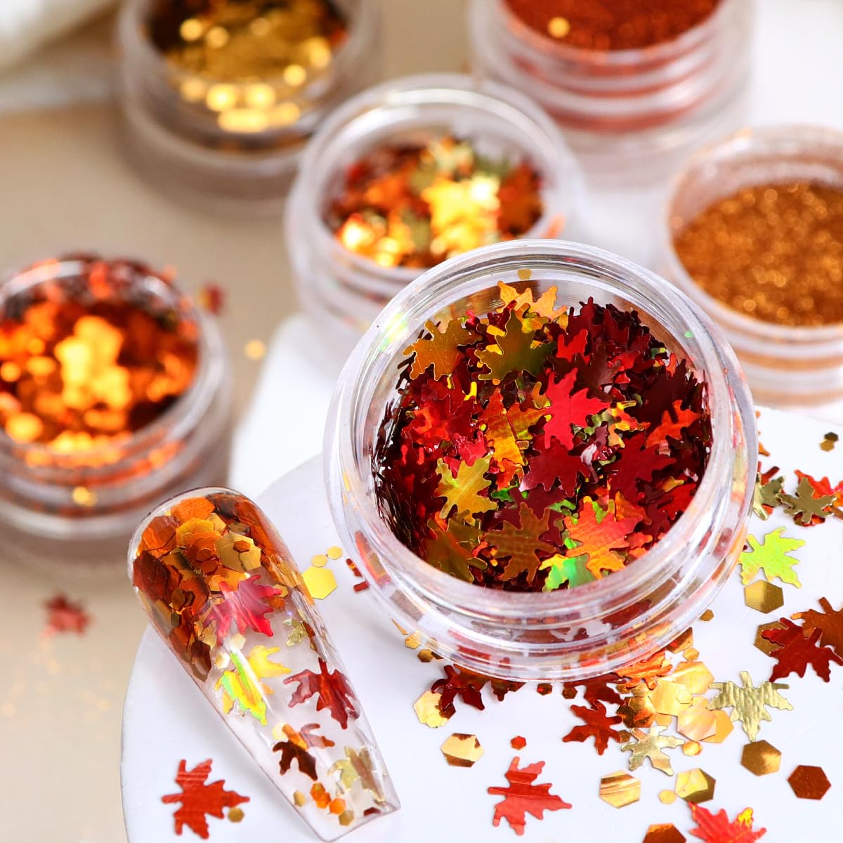 6 Bottles Fall Maple Leaf Nail Glitter Powder - Gold Shiny Nail Art Flakes & Sequins for Acrylic Nails | DIY Autumn Nail Decorations for Women | Perfect for Halloween, Thanksgiving & Fall Party Nail Art