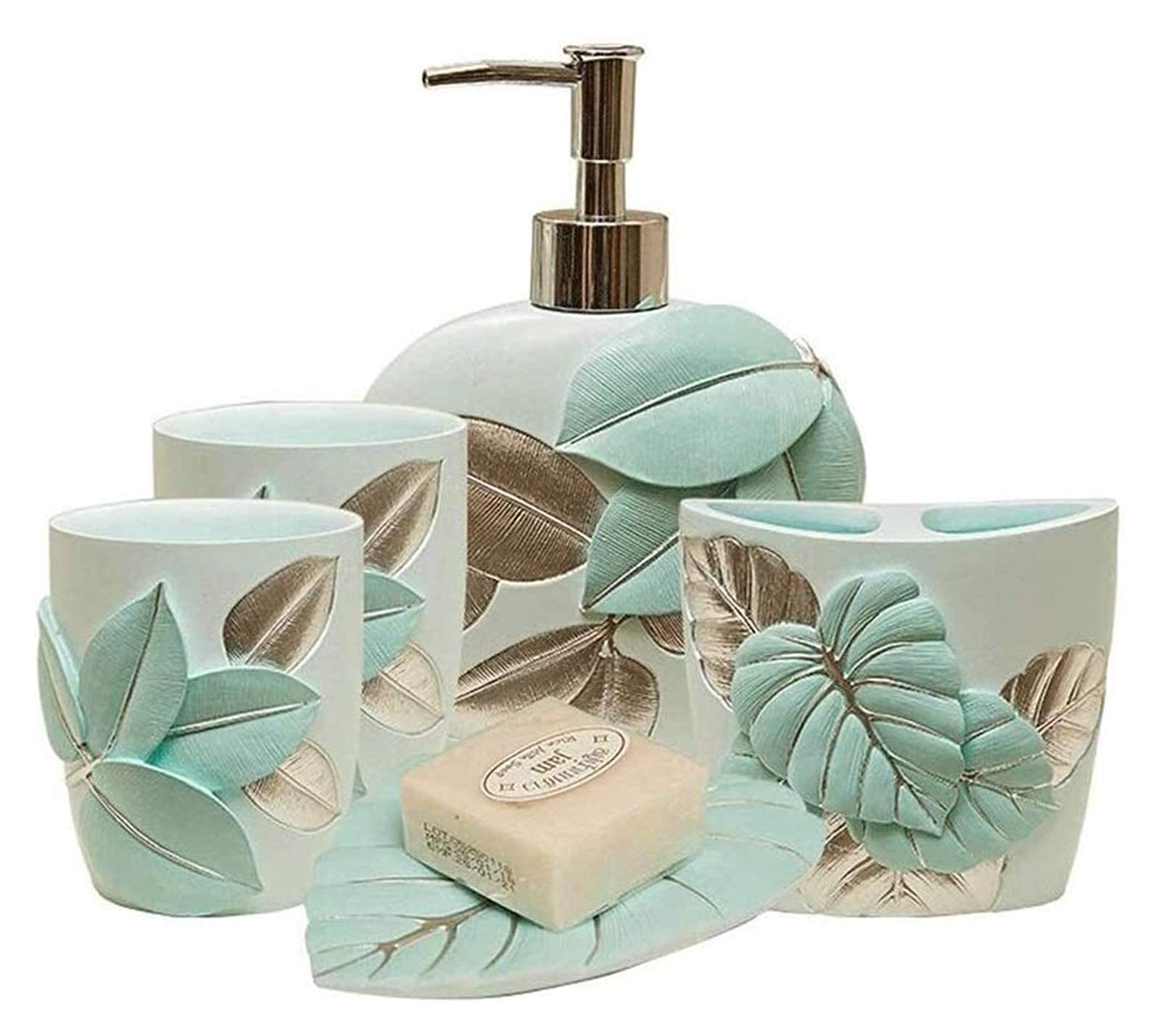 Premium 5-Piece Resin Bathroom Set - Soap Dispenser, Toothbrush Holder & Tumbler - Elegant Hotel-Style Decor for Home, Spa or Guest Bathroom Accessories