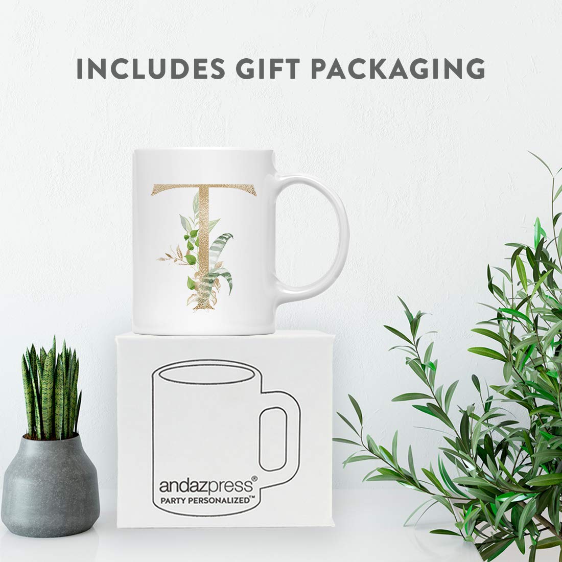 Andaz Press 11oz Ceramic Coffee Mug with Gold Monogram Letter T & Tropical Green Palm Leaves - Perfect for Tea, Coffee, Birthday Gifts, Bridesmaid Favors, Bridal Party & Christmas Presents - Ideal for Home, Office, or Gift-Giving Occasions
