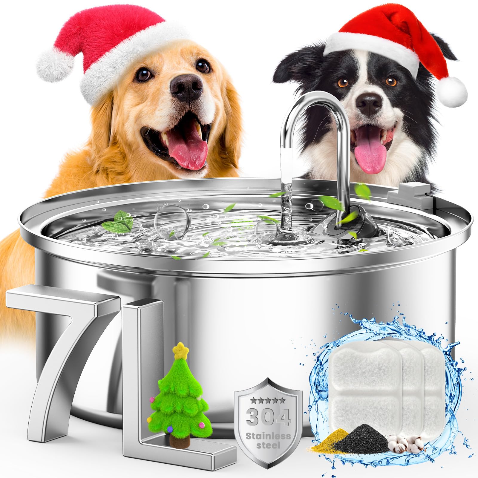Oneisall 7L/230oz/1.8G Stainless Steel Dog Water Fountain - Super Quiet with Triple Filtration System for Large Dogs, Cats & Multi-Pet Homes | Perfect for Indoor Use, Pet Hydration & Home Decor