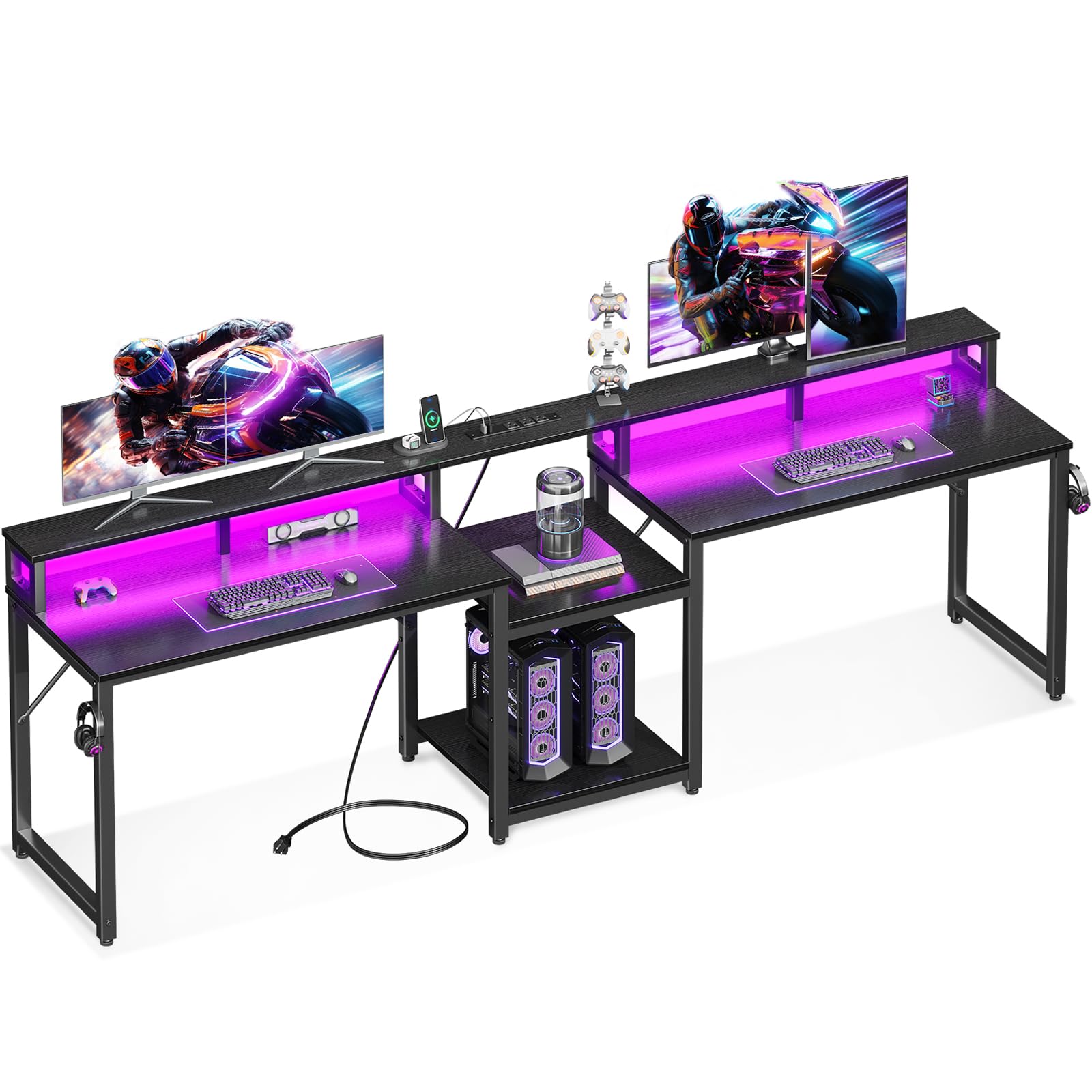 Coleshome 98 Inch 2-Person Gaming Desk with Storage Shelves - Large Double Home Office Computer Desk with USB Charging Port & LED Lights, Writing Desk with Monitor Stand - Modern Study/Work Table for Gamers & Professionals (Black) | Perfect for Gaming Setups, Home Office & Workspaces