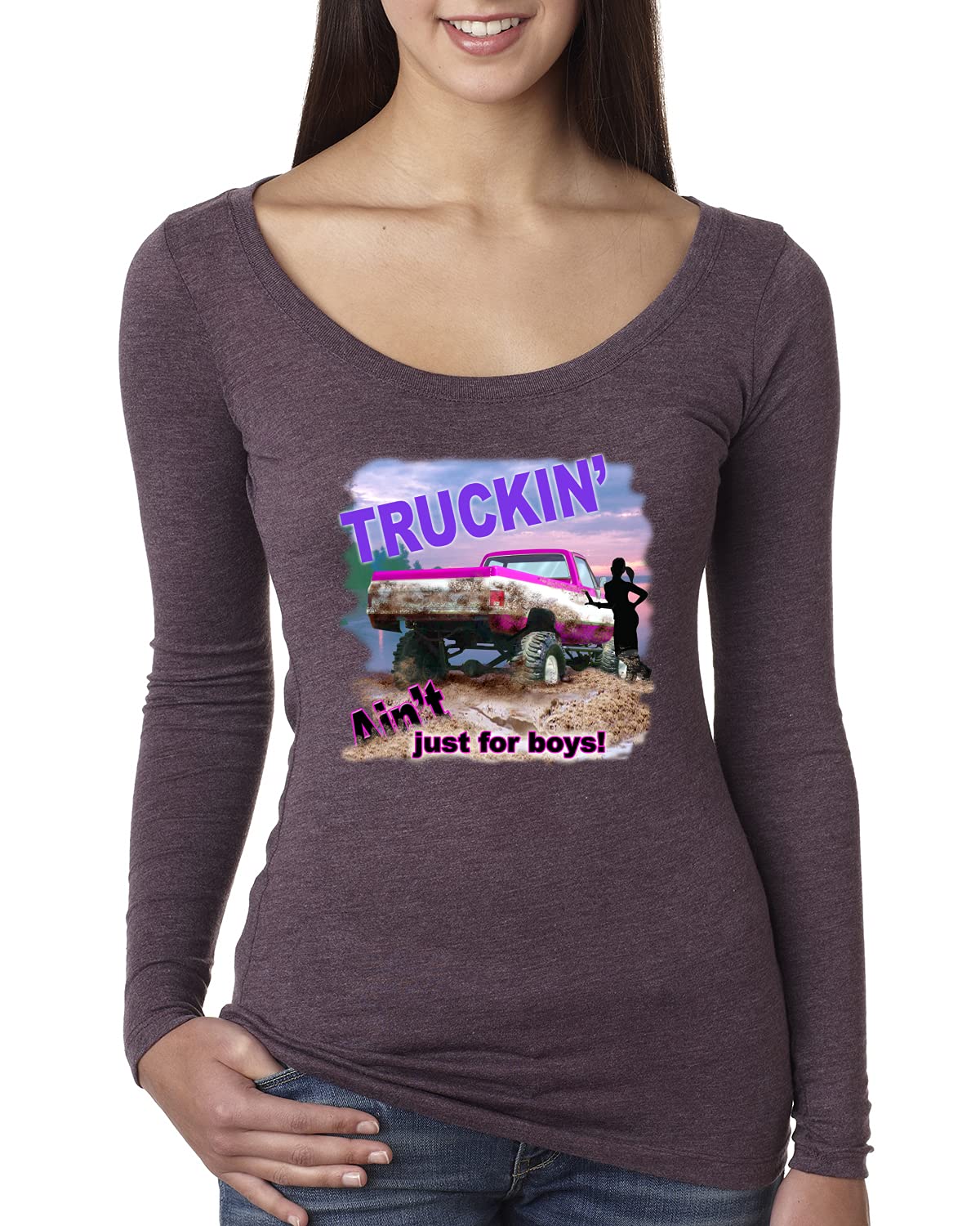 Wild Bobby 'Truckin Ain't Just for Boys' Women's Long Sleeve Scoop Neck T-Shirt - Comfortable Casual Top for Truck Enthusiasts & Car Lovers