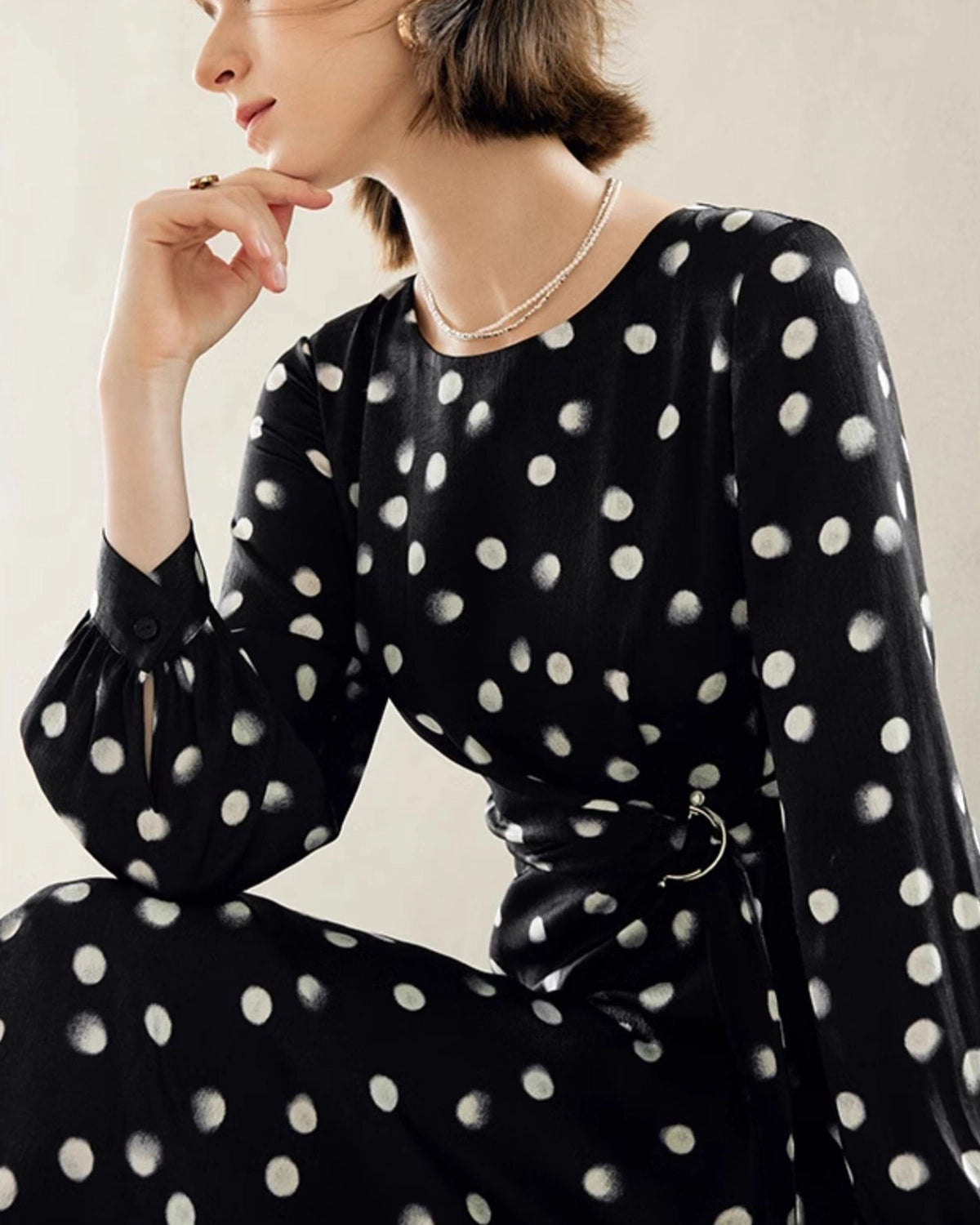 Elegant Polka Dot Belted Silk Dress for Women | Vintage-Inspired Flowy Midi Dress | Perfect for Weddings, Parties & Special Occasions
