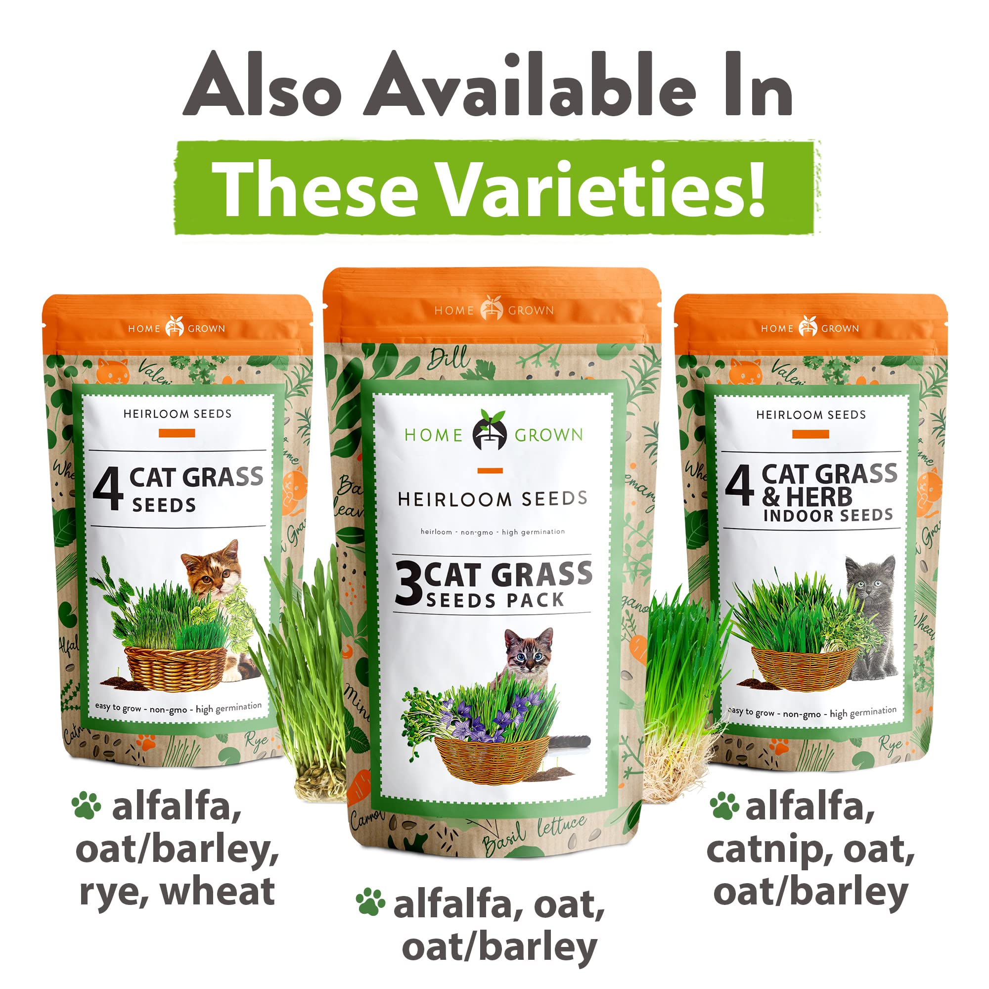 **Organic HOME GROWN Cat Grass Seeds for Indoor Cats - Bulk Heirloom Cat Grass Seed Refill Kit (4-Pack) - Perfect for Cat Litter Box, Scratching Post & Play Areas**