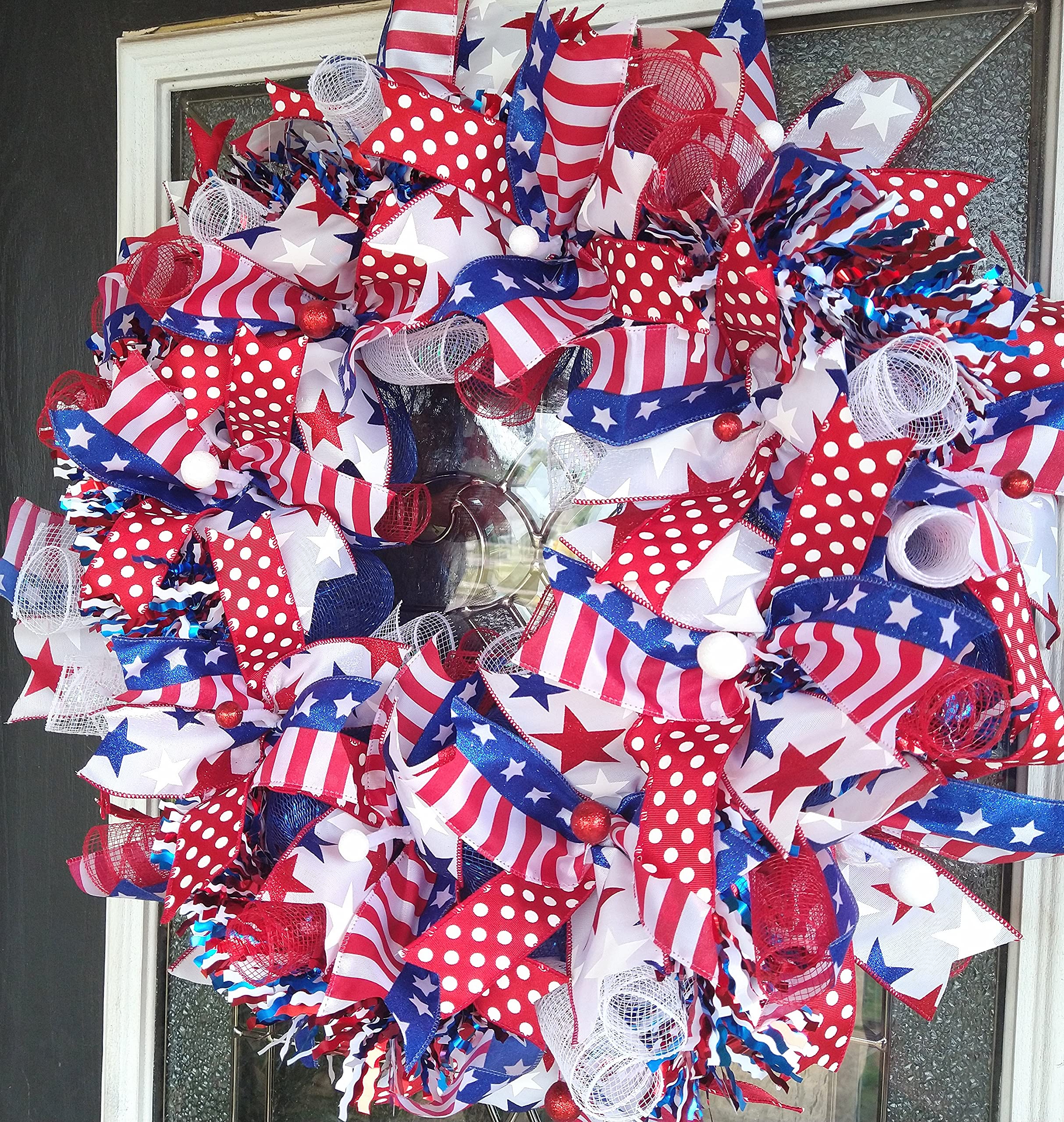 Patriotic 4th of July Bling Deco Mesh Wreath - Red White Blue Front Door Decor for Summer, Independence Day, Birthday Party | Indoor Outdoor Home Decor