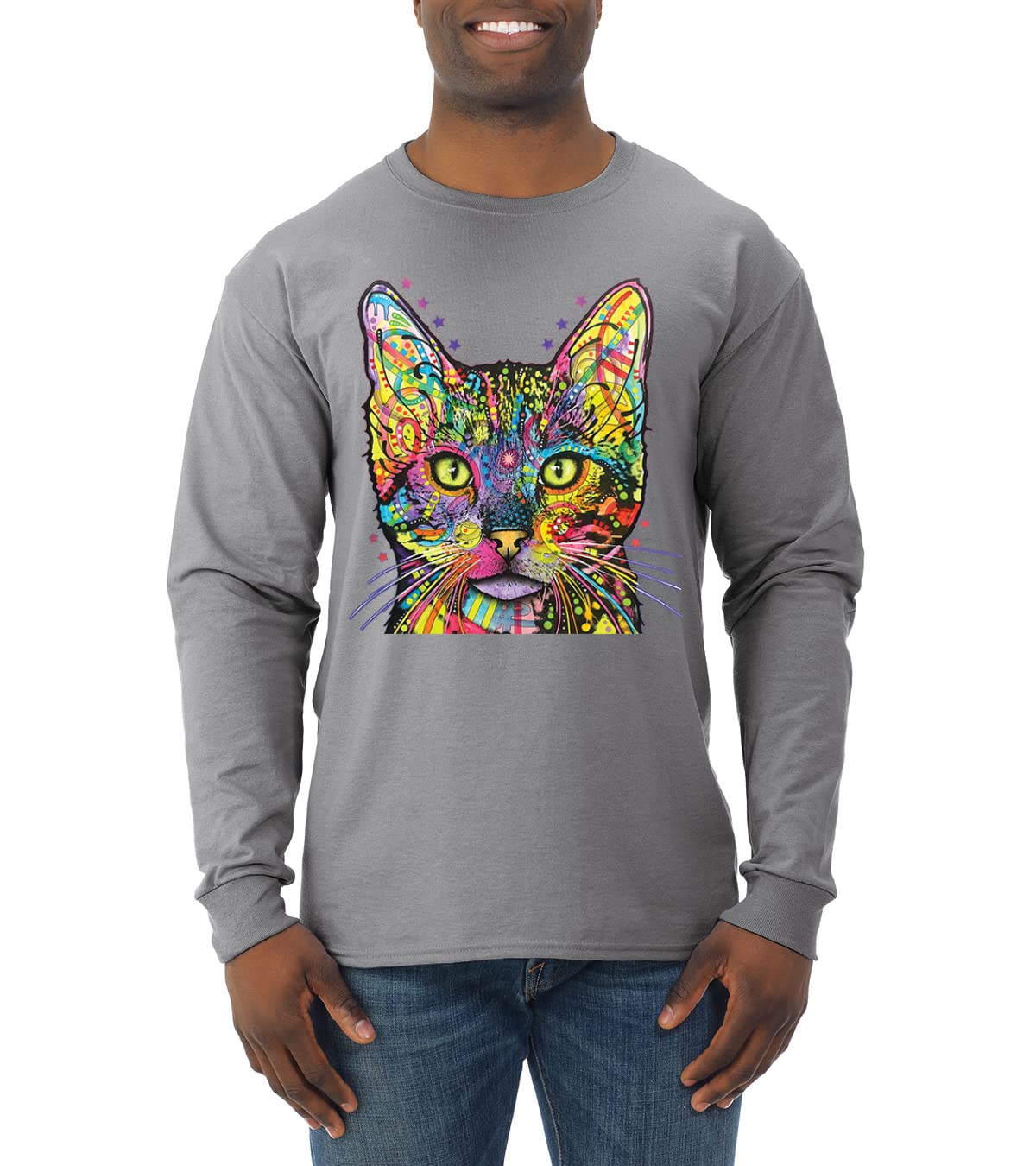 Dean Russo Art Cat Lover Long Sleeve Shirt for Men - Colorful Cat Mom & Dad Graphic Tee - Perfect Gift for Animal Lovers, Casual Wear & Cat-Themed Events