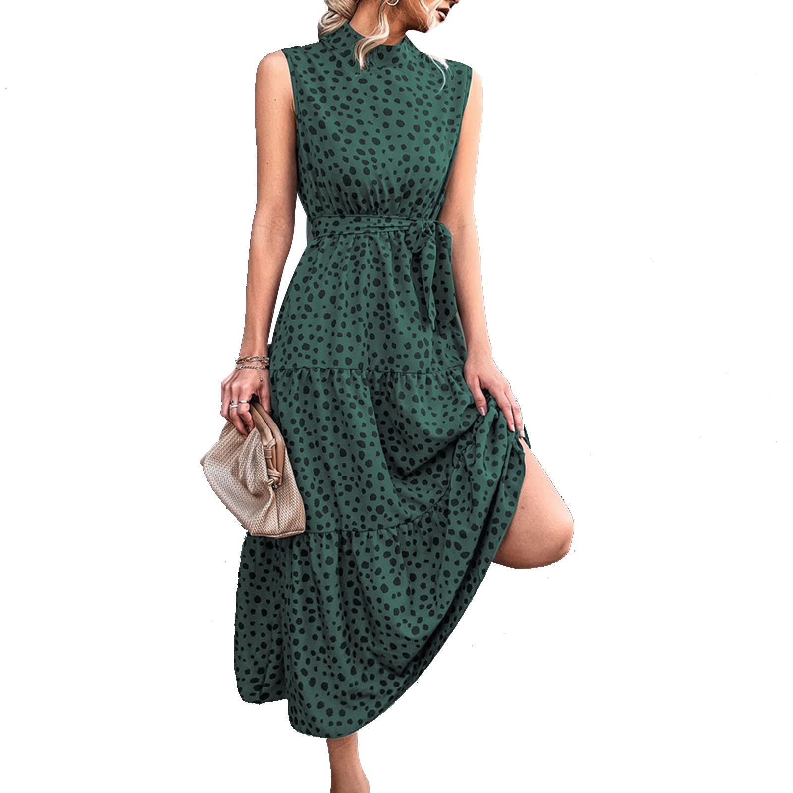Cocoarm Women's Sexy Polka Dot Maxi Dress - Sleeveless Stand Neck Long High Waist Summer Dress with Belt (XL, Green) | Perfect for Weddings, Beach Vacations & Casual Outings