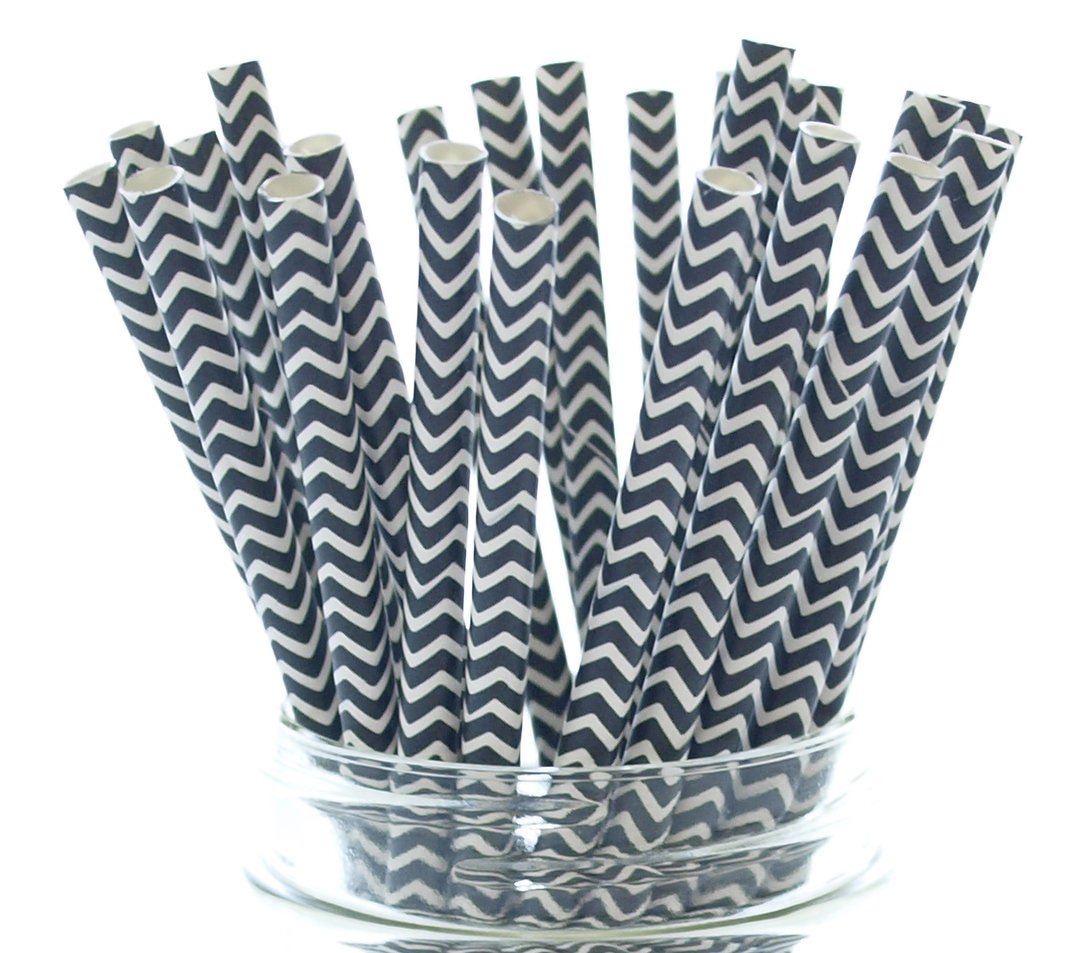 Vintage Black Zig Zag Striped Paper Straws - Pack of 25 - Eco-Friendly Disposable Drinking Straws for Graduation Parties, Halloween Decorations, Wedding Receptions & Formal Events