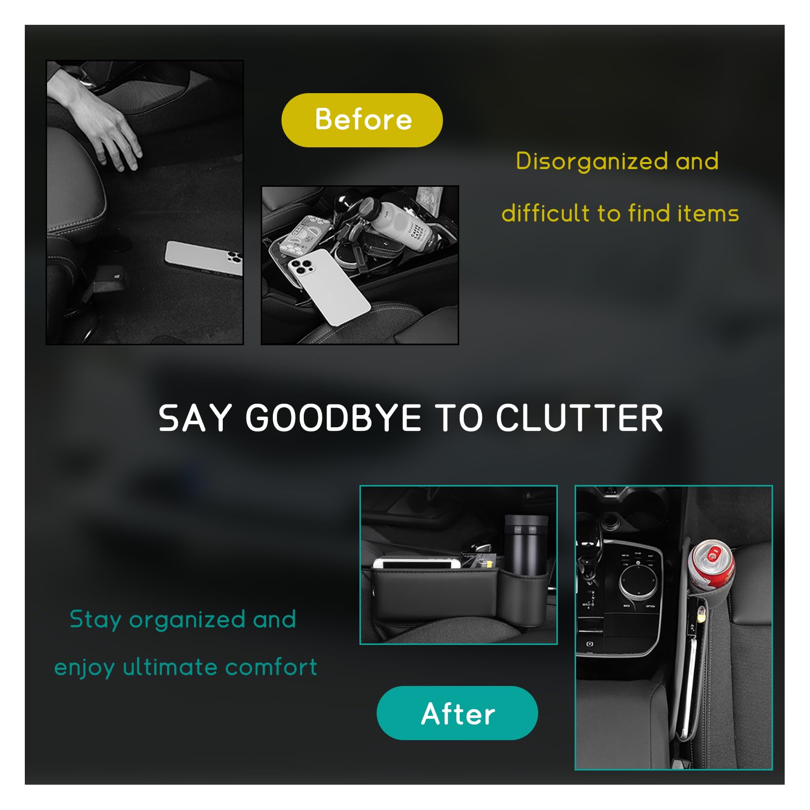 Premium Leather Car Seat Gap Filler - Adjustable Front Seat Storage Organizer for Phones, Glasses, Keys & Cards | Universal Vehicle Accessories for Most Cars (Black) | Perfect for Road Trips & Daily Commutes