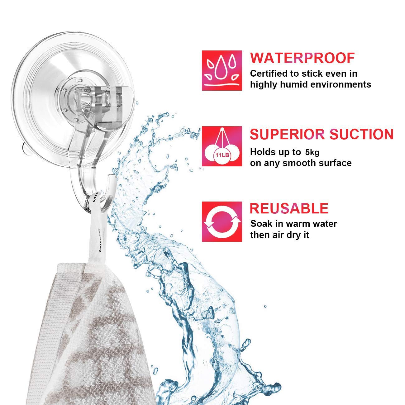 Quntis Heavy Duty Clear Suction Cup Hooks 4 Pack - Waterproof Vacuum Wreath Hangers for Bathroom, Shower Wall, Tile, Glass Door & Camper - Perfect for Hanging Towels, Decorations & Organizing Small Items