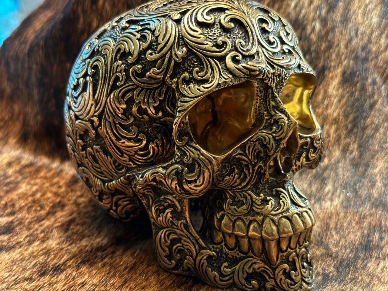 Bronze Floral Skull Decor - Medium Size Gothic Home Decor for Halloween, Gothic Party, or Dark Aesthetic Room