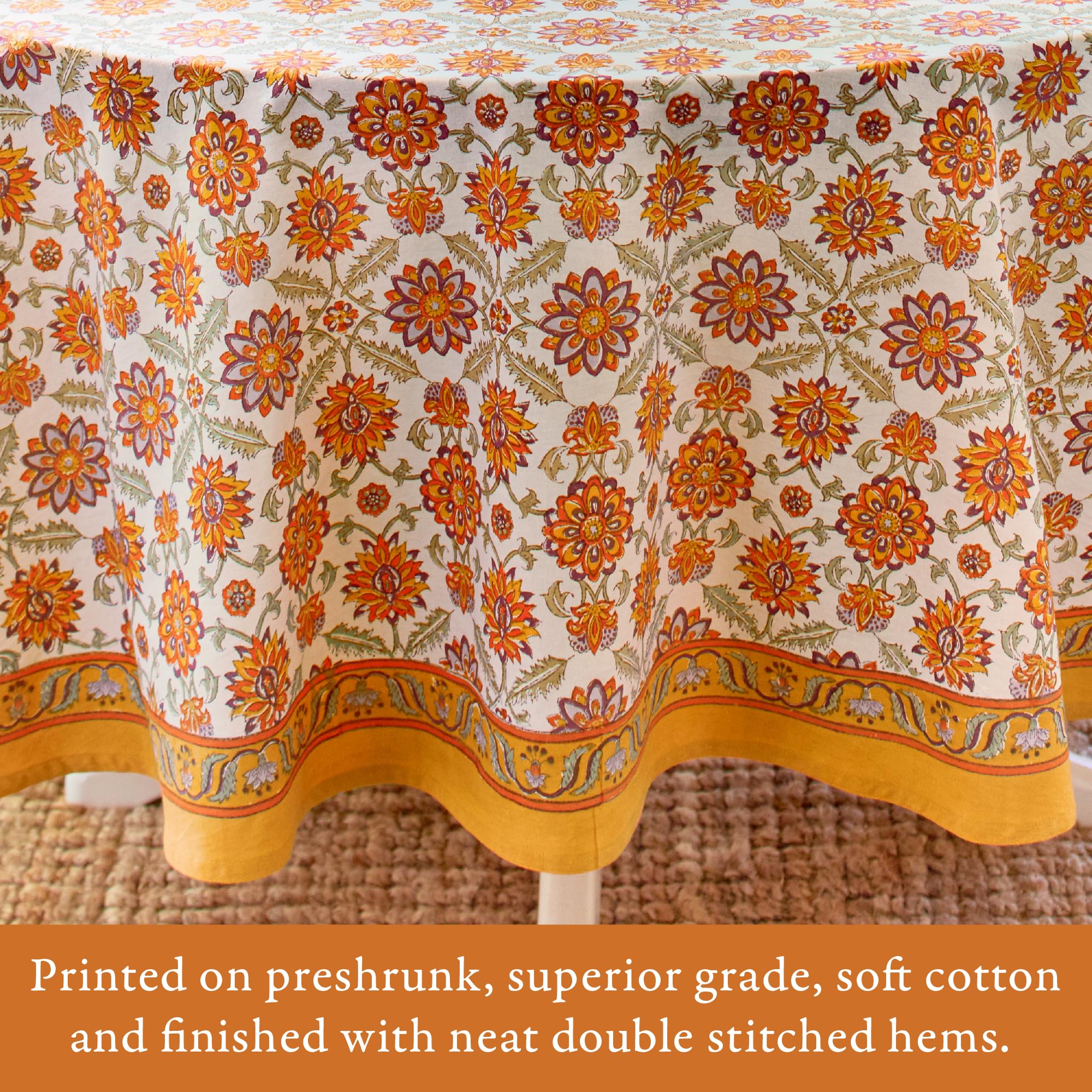 Luxury 100% Cotton Round Hand Block Printed Tablecloth - Orange Blossom Design, Washable & Durable for Home Decor, Perfect for Kitchen, Coffee or Dining Table (70 Inch) - Ideal for Dinner Parties, Family Gatherings & Everyday Use
