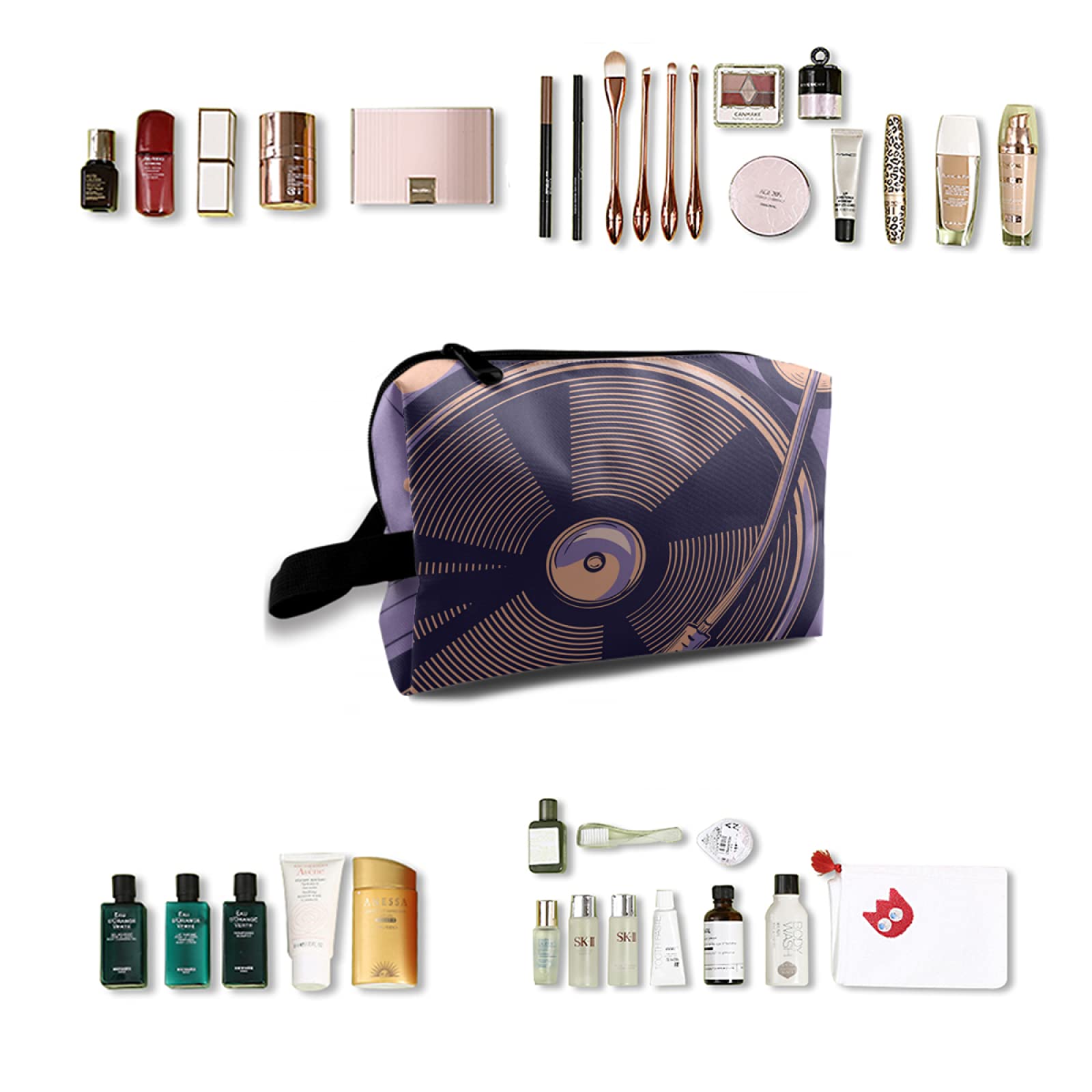 TropicalLife Vinyl Record Pattern Large Cosmetic Bag - Waterproof Travel Makeup Organizer with Zipper & Handle Strap | Portable Toiletry Pouch for Women, Perfect for Vacation, Gym & Daily Essentials Storage