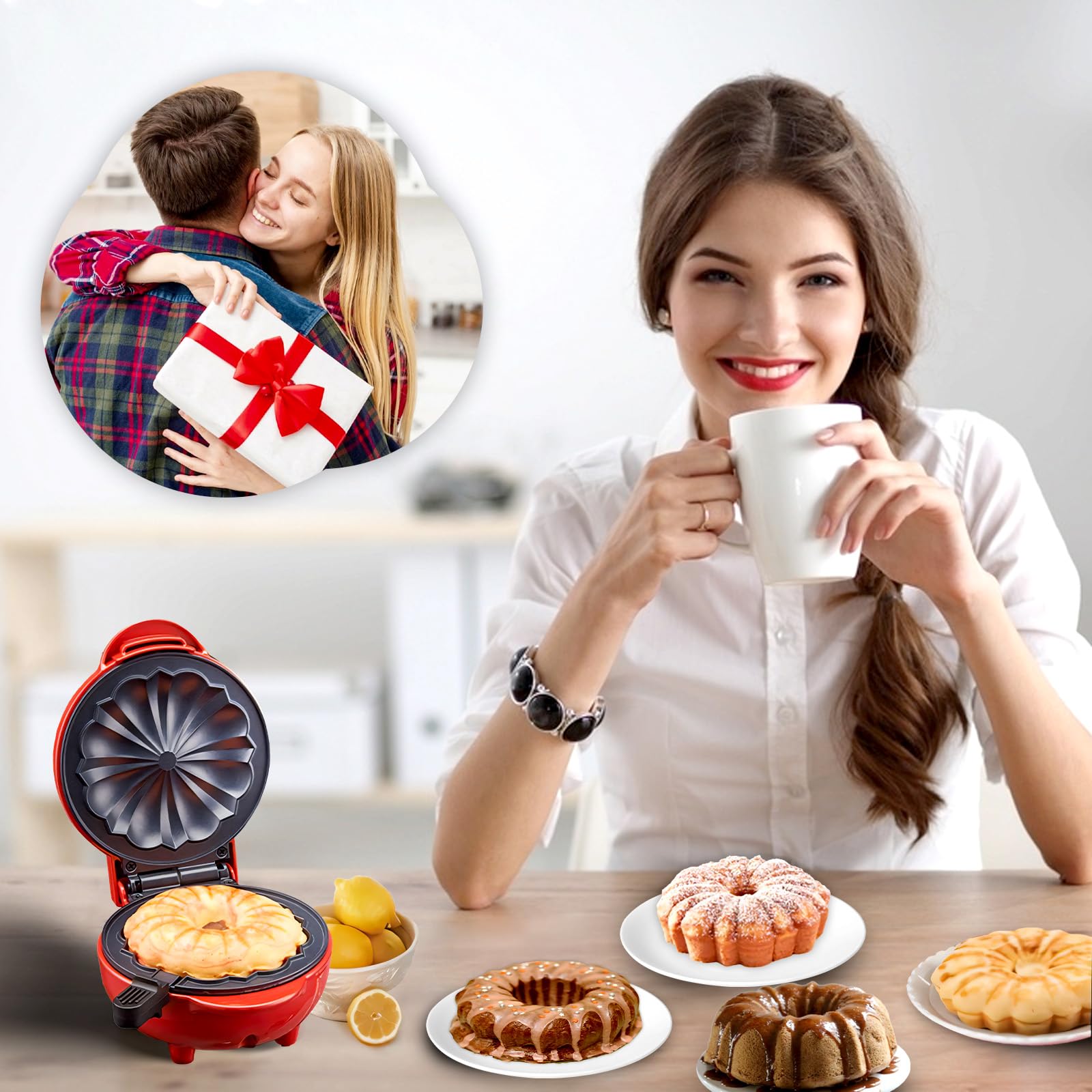 Mini Cake Maker - Portable Electric Bundt Cupcake Maker with Double-Sided Heating for Breakfast, Desserts & Snacks - Perfect for Home, Office & Travel (Red)