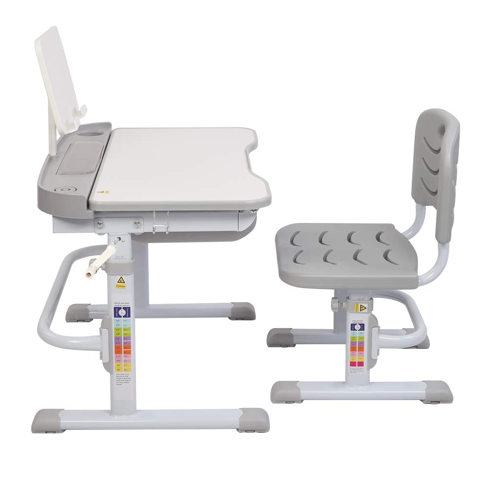 Adjustable Kids Desk and Chair Set - Ergonomic Study Table with Tiltable Top, Storage Drawer & Bookstand for Children's Learning & Homework (Gray) - Perfect for Homeschooling, Online Classes & Creative Activities