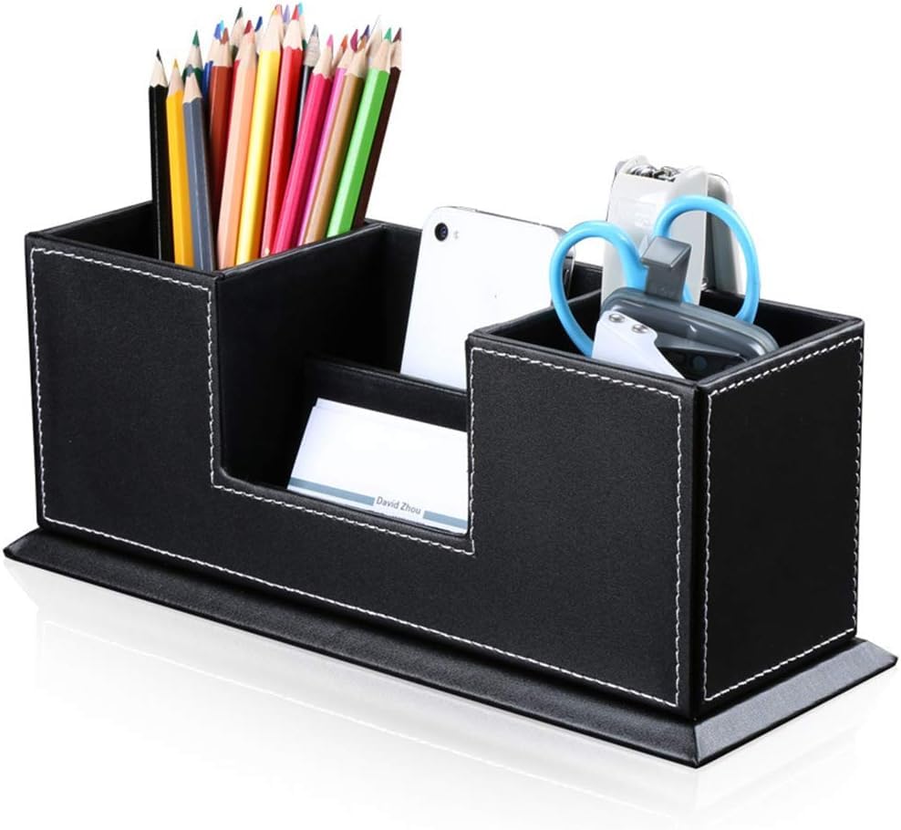 Premium PU Leather Desk Organizer - Stylish Pen & Pencil Holder for Office Supplies, Business Cards, Remote Controls (Black, 11.6