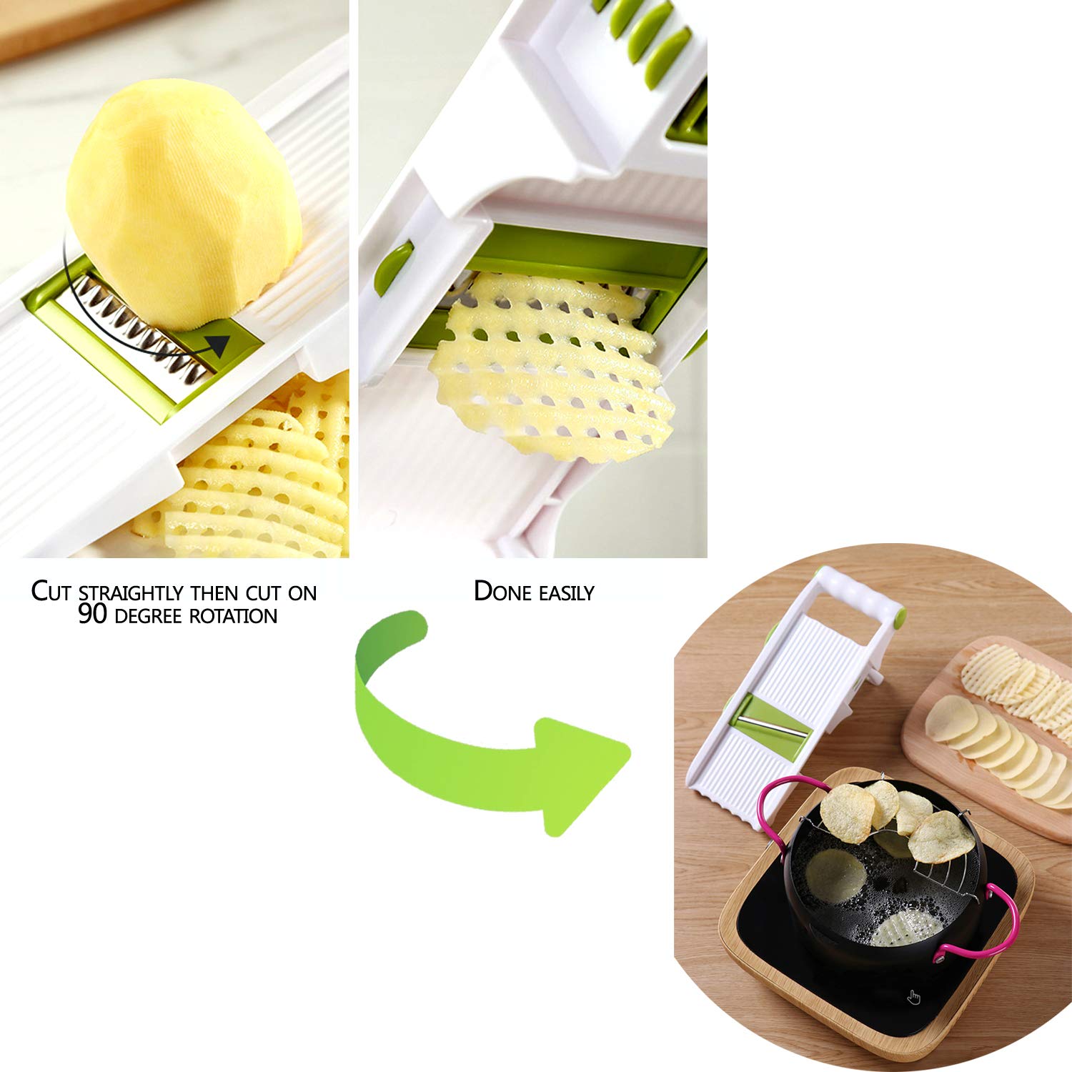 Adjustable Mandoline Slicer for Vegetables & Fruits - Stainless Steel French Fry Cutter, Crinkle Waffle Slicer, Julienne Grater with Garlic Grinder (White) | Perfect for Meal Prep, Salad Making & Healthy Cooking