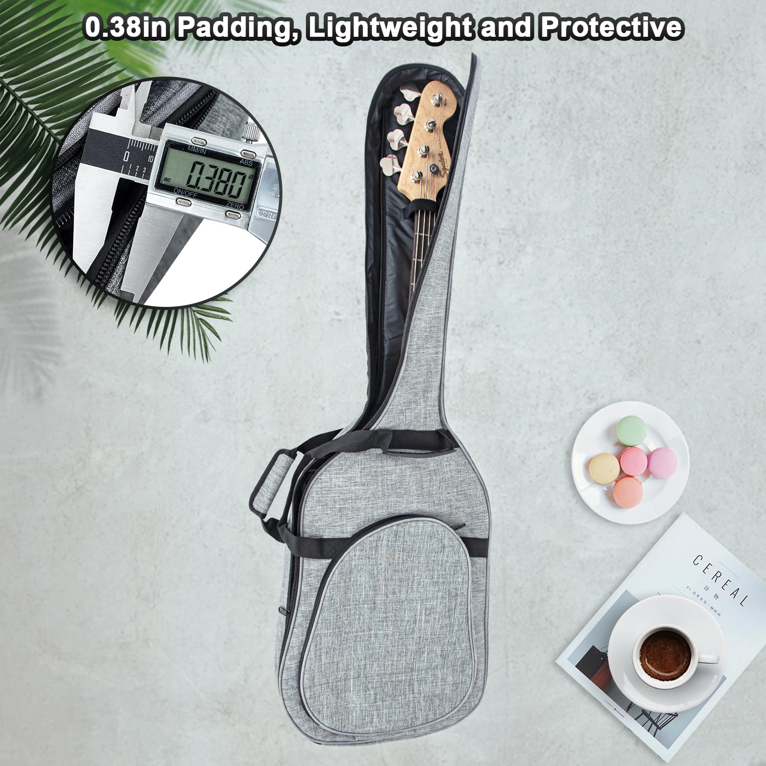 MUZNOTE 47 Inch Electric Bass Guitar Case - Thick 0.35 Inch Padding, Waterproof Gig Bag with Neck Strap & Multiple Pockets, Grey | Perfect for Travel, Gig Storage & Bass Protection