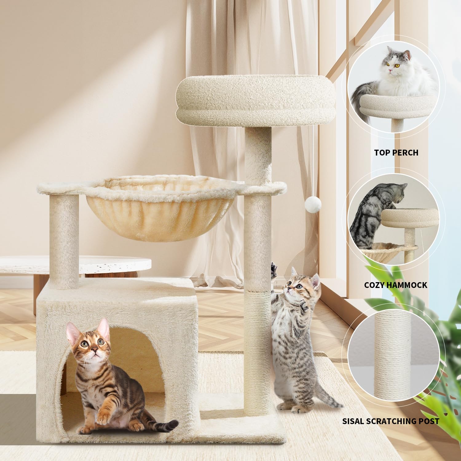 28in Small Cat Tree Tower with Multi-Level Perches, Hammock & Sisal Scratching Post - Indoor Climbing Activity Condo with Fun Toys for Kittens & Small Cats | Perfect for Apartments, Living Rooms & Pet Play Areas