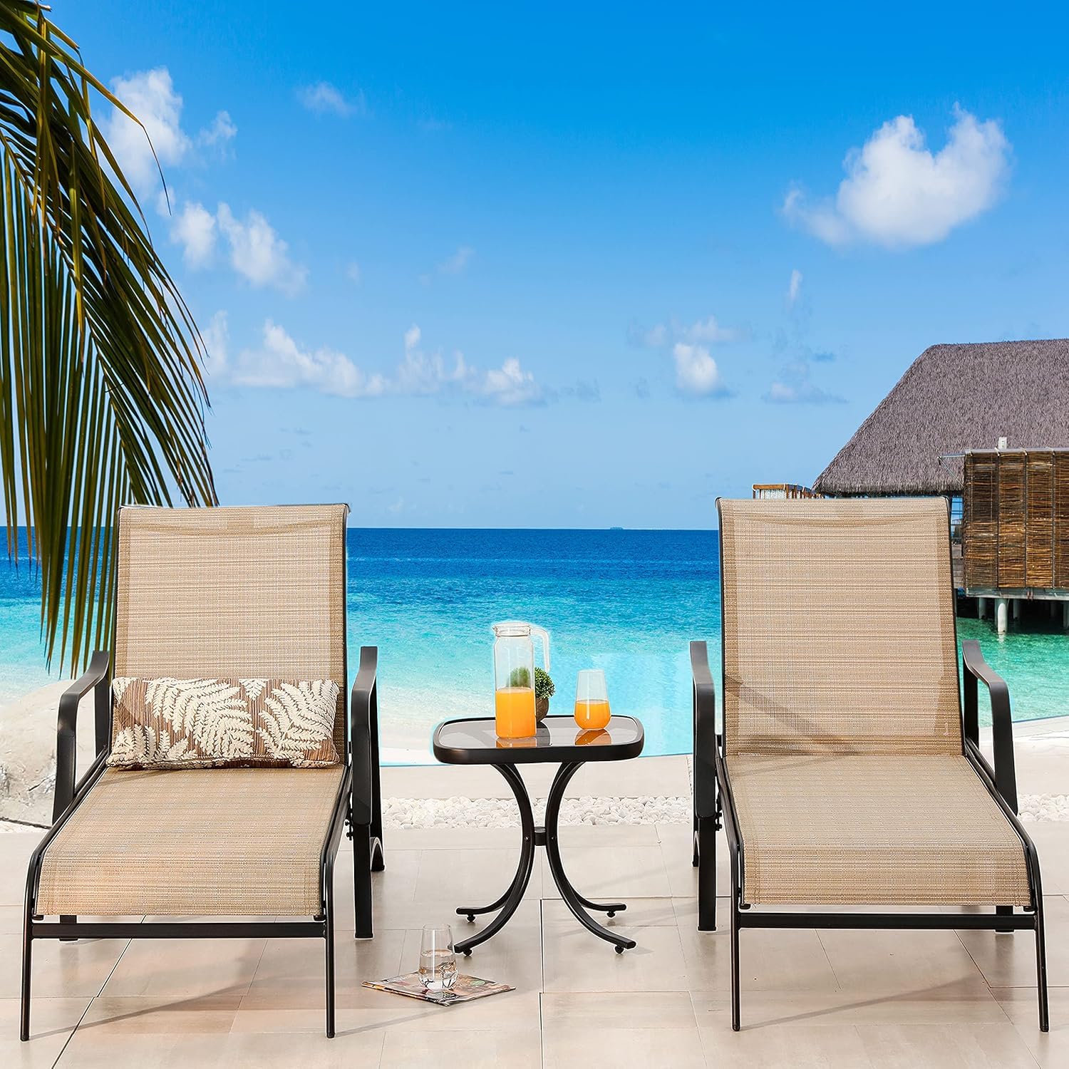 LOKATSE HOME 3-Piece Outdoor Chaise Lounge Set - Adjustable Steel Frame Patio Pool Chairs with Coffee Table - Perfect for Backyard, Garden, and Poolside Relaxation