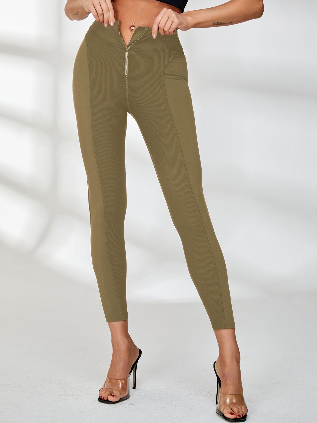 ZASUWA Women's High Waist Zipper Ribbed Leggings - Stretchy Workout Pants for Yoga, Running & Gym - Comfortable Tummy Control Fitness Leggings