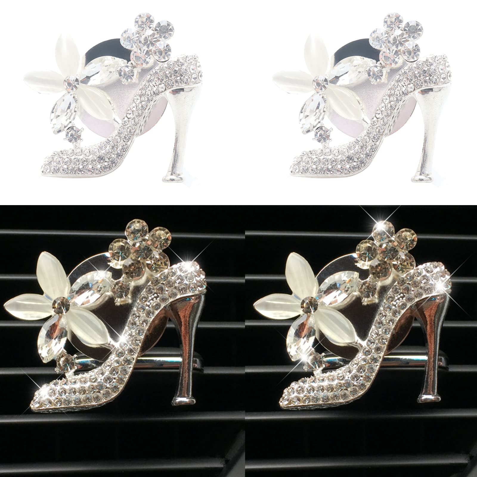 HungMieh 2PCS Rhinestone Car Air Vent Clips - Sparkling High Heel Shoe Charms with Cotton Pads for Fragrance | Elegant Bling Car Accessories for Women | Perfect for Gift, Dashboard Decor & Car Interior Styling