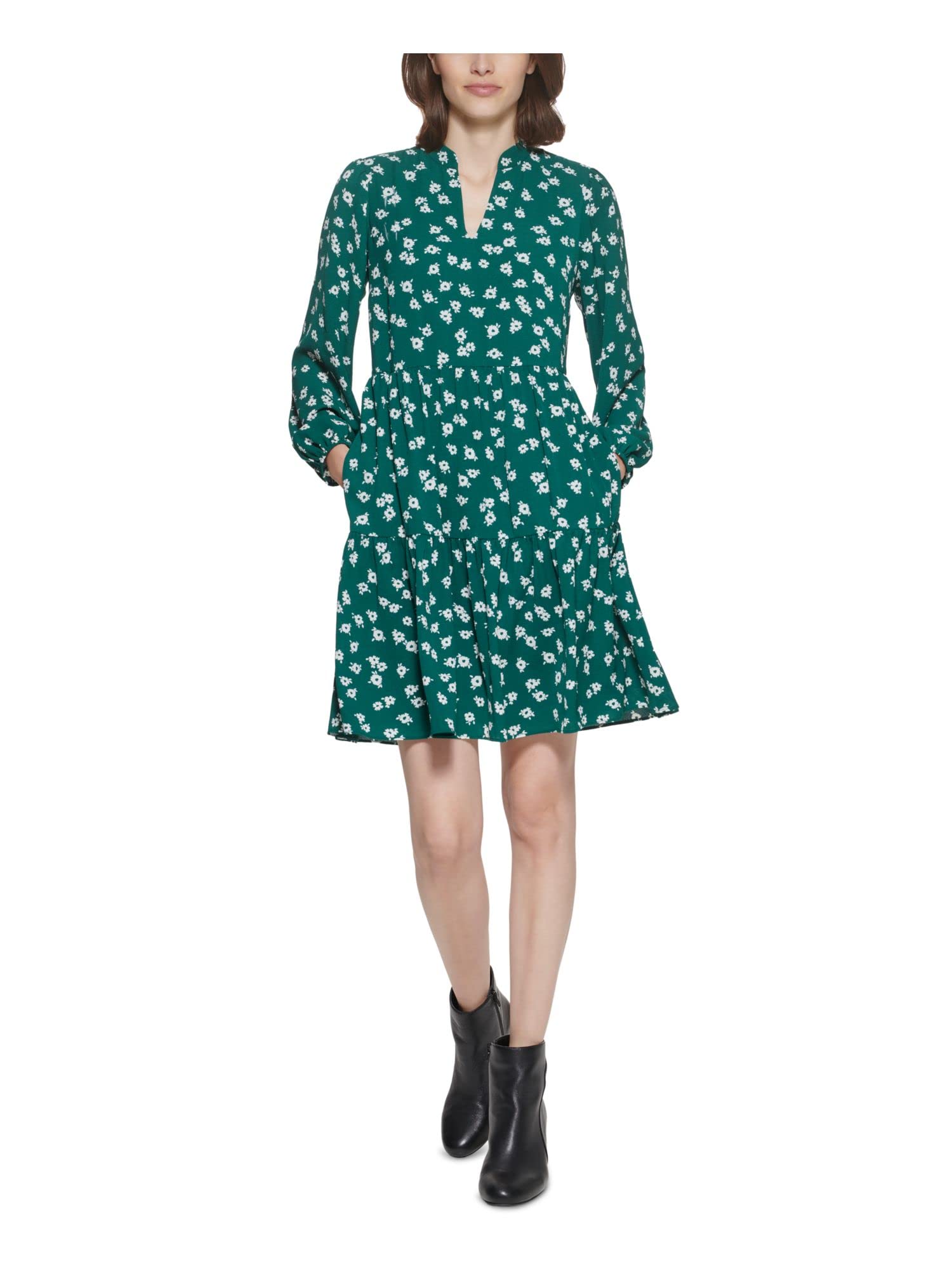 Jessica Howard Women's Green Floral Tiered Skirt Dress with Zippered Pockets, Balloon Sleeves & V-Neck - Perfect for Parties, Weddings & Special Occasions (Petite 6P)