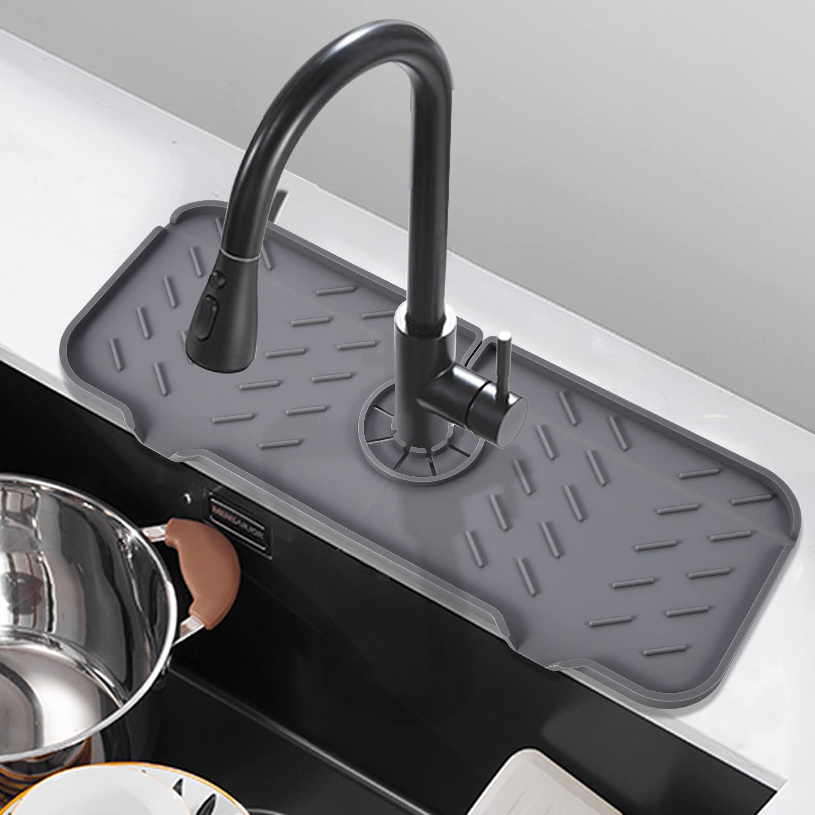 VENMATE Silicone Faucet Mat - 2 Pack Non-Slip Sink Splash Guard for Kitchen & Bathroom | Water Catcher & Draining Pad Behind Faucet | Perfect for Countertop Protection & Keeping Surfaces Dry (Grey)