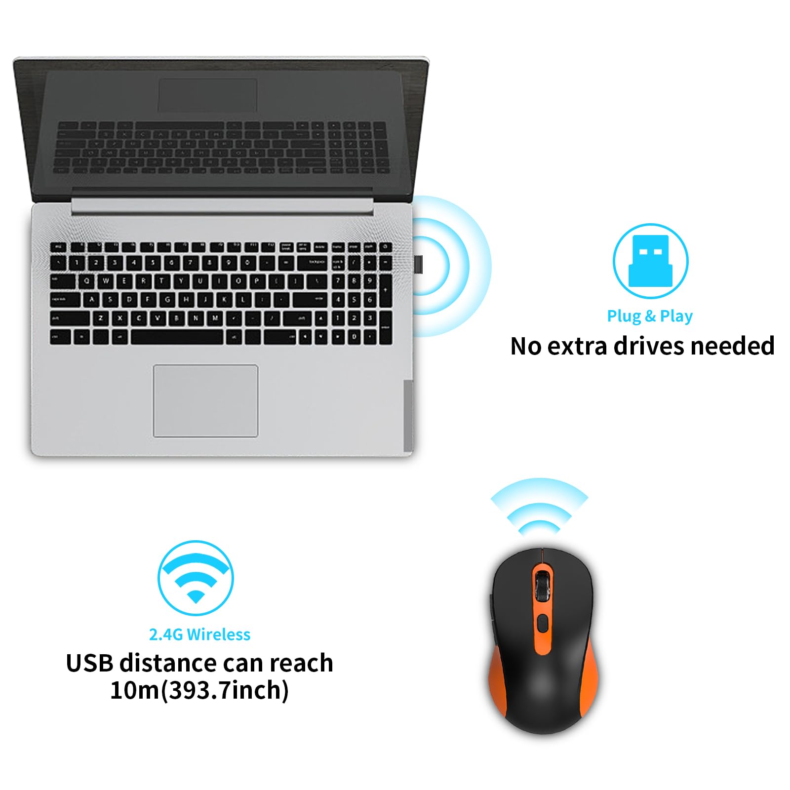 Wireless Silent Mouse for Laptop, PC, MacBook - 2400 DPI Ergonomic USB Mouse with Nano Receiver, 6 Buttons & Anti-Slip Grip - Black Orange - Perfect for Office, Home & Travel Use