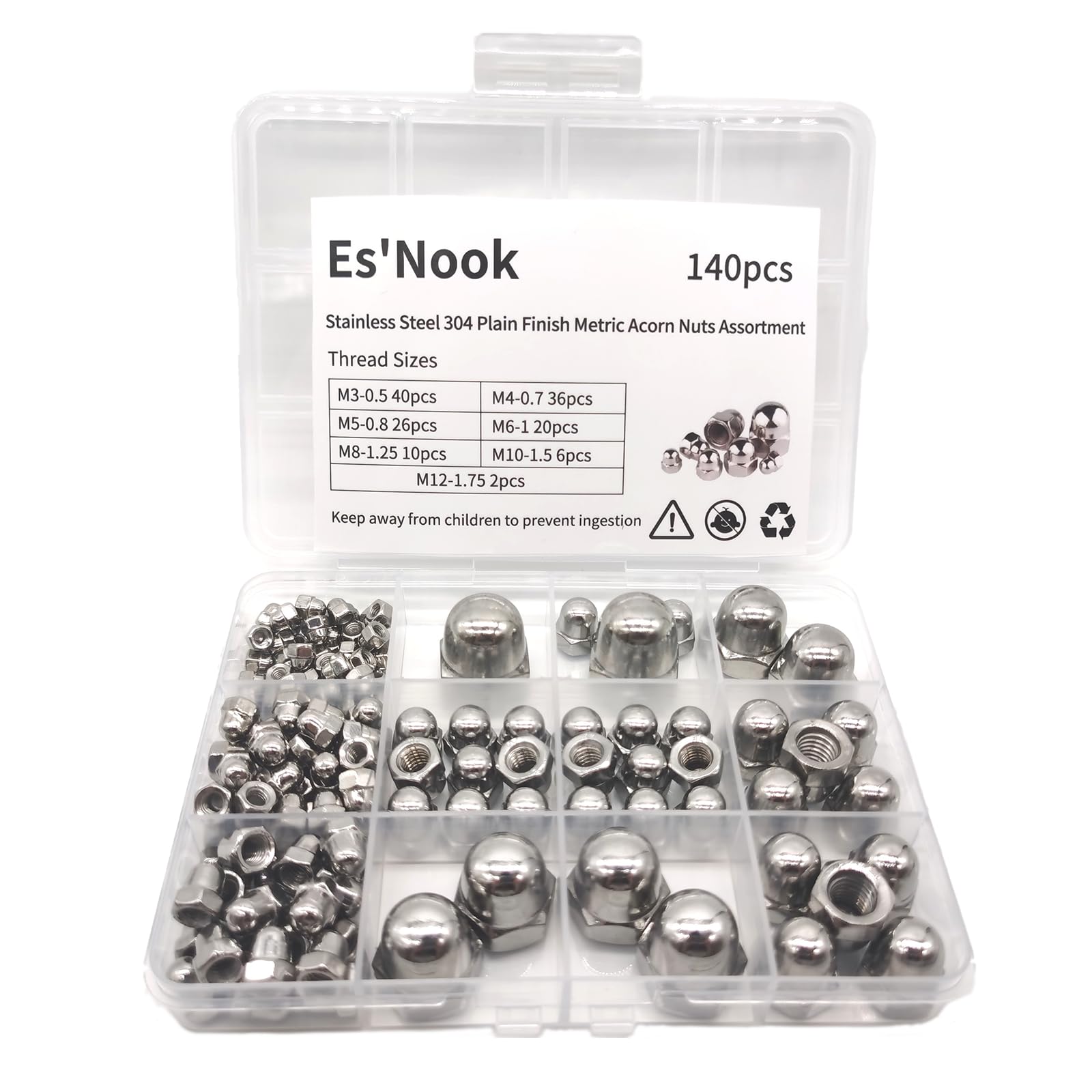 304 Stainless Steel Metric Acorn Nuts Assortment Kit - Hex Cap Nuts M3 M4 M5 M6 M8 M10 M12 (7 Sizes) - Durable Hardware Fasteners for Automotive, Machinery & DIY Projects