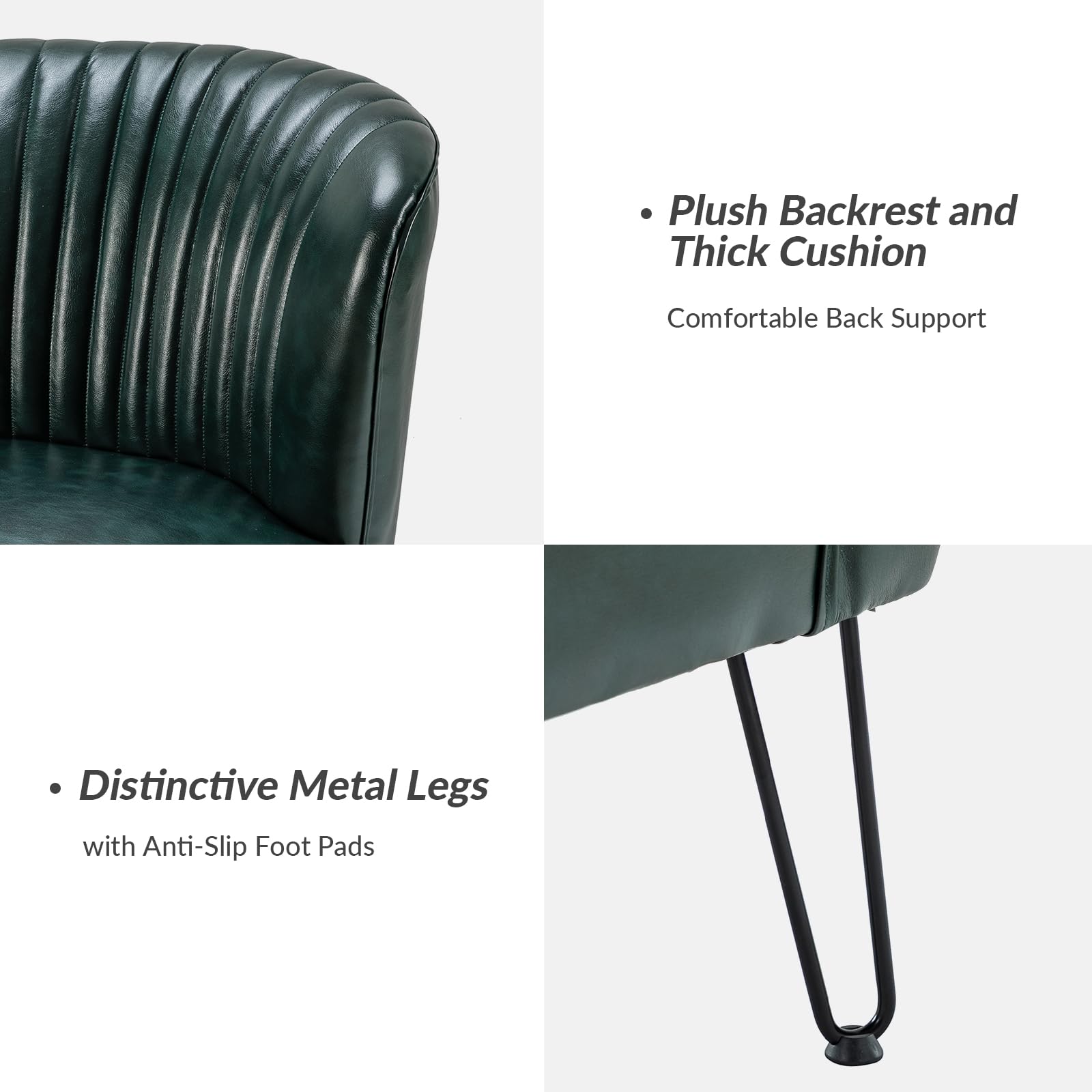 Mid Century Modern Faux Leather Accent Chairs Set of 2 - Green Upholstered Armless Side Chairs with Metal Base for Living Room & Bedroom | HULALA HOME | Perfect for Small Spaces, Reading Nooks & Guest Seating